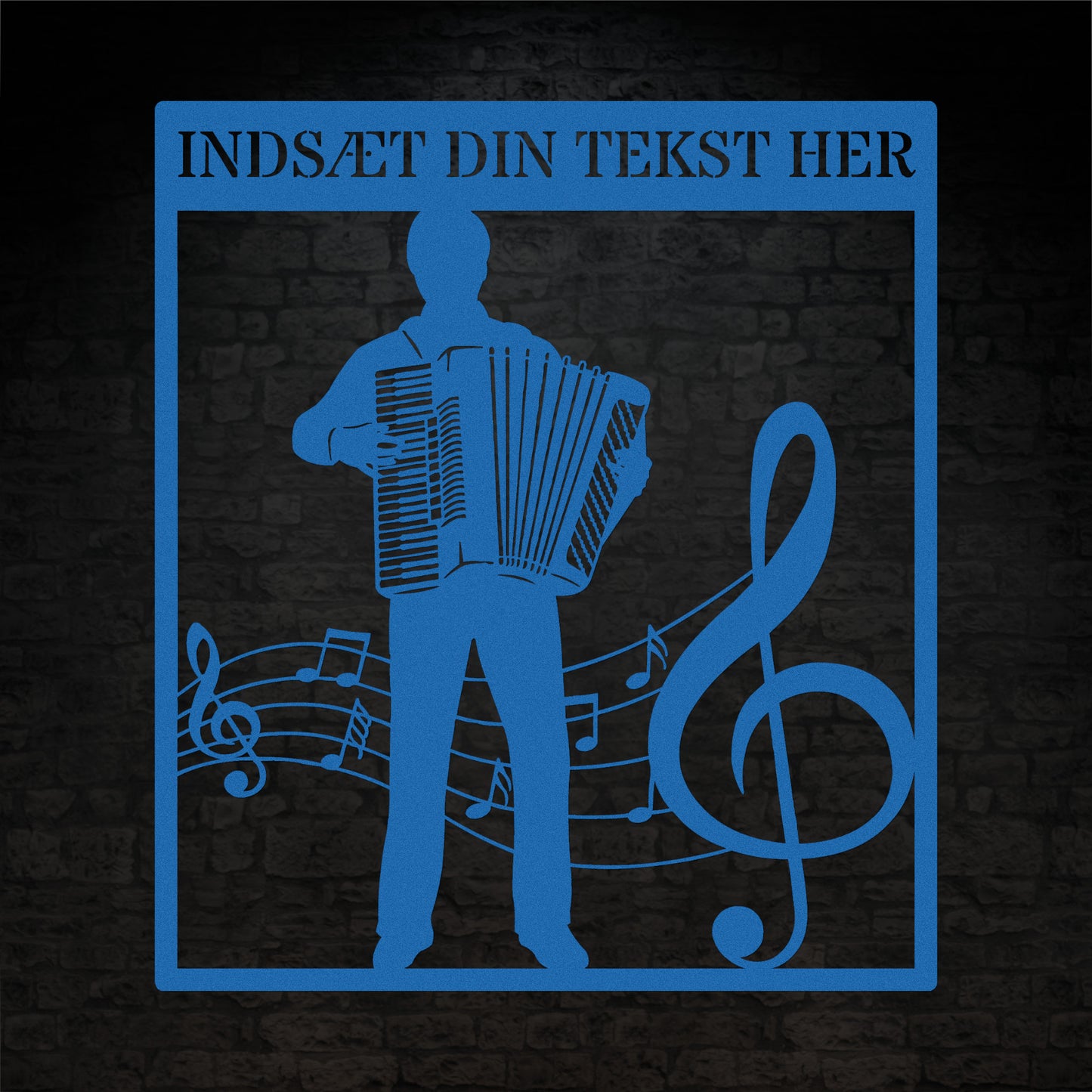 Firkantet harmonika metal vægskilt i blå med personlig tekst. Unik musiker gaveidé