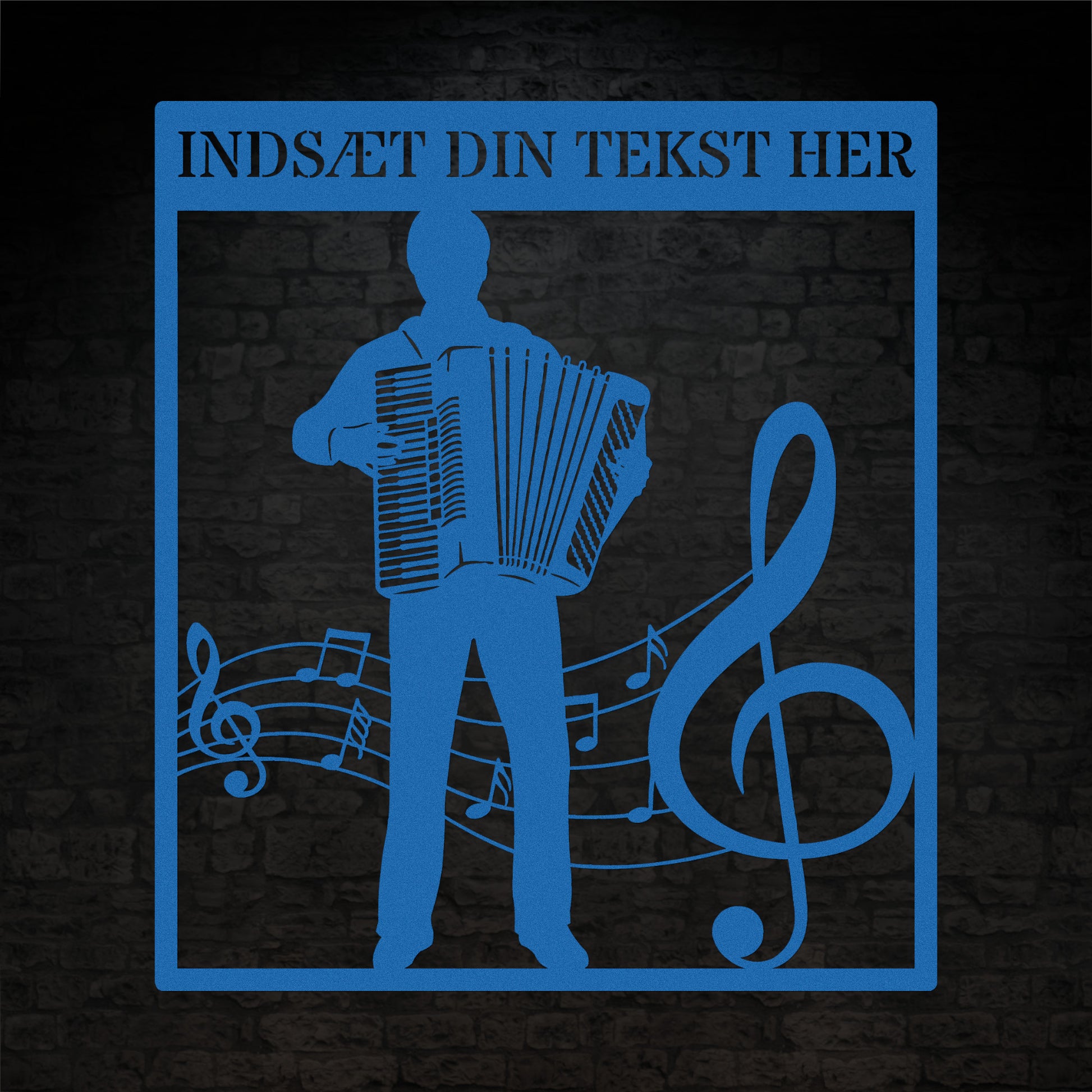 Firkantet harmonika metal vægskilt i blå med personlig tekst. Unik musiker gaveidé