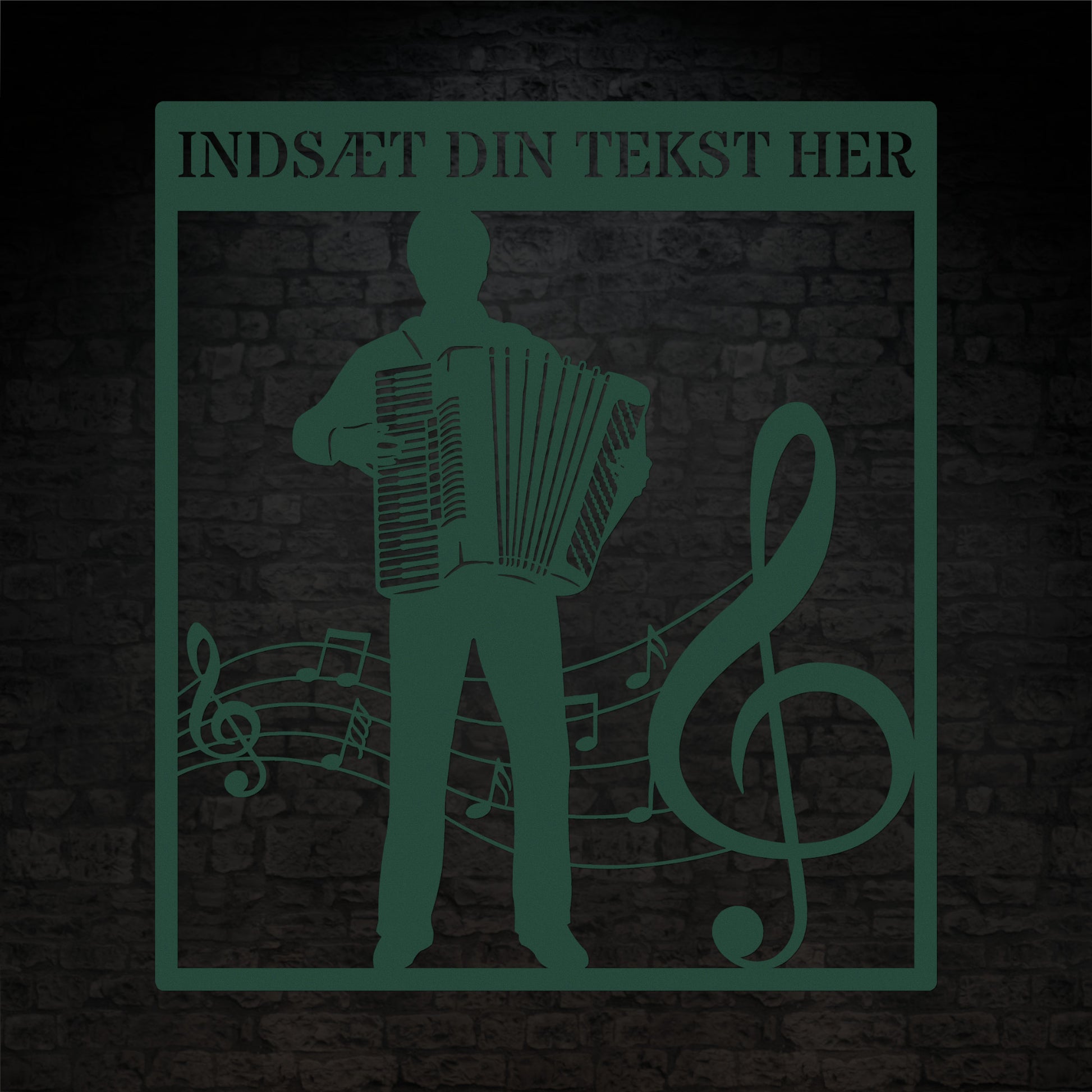 Firkantet harmonika metal vægskilt i grøn med personlig tekst. Unik musiker gaveidé