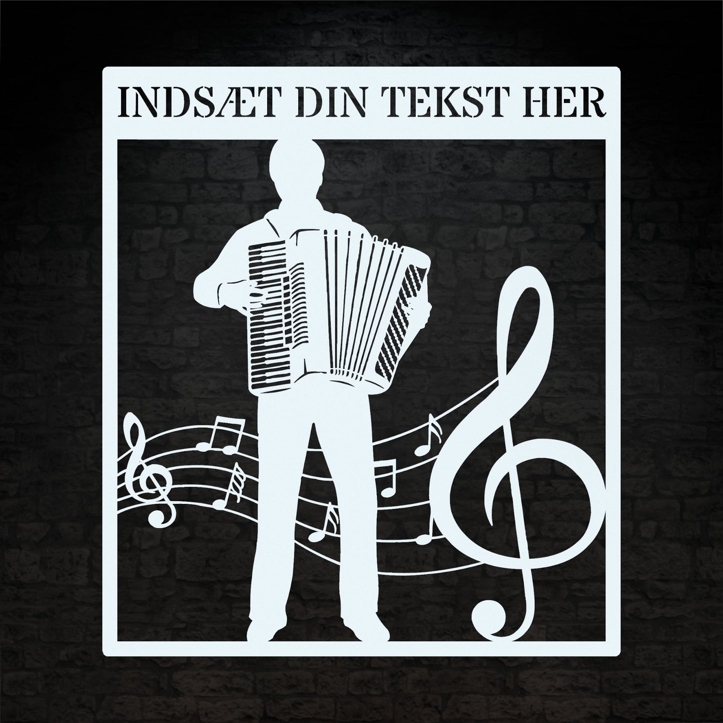 Firkantet harmonika metal vægskilt i hvid med personlig tekst. Unik musiker gaveidé