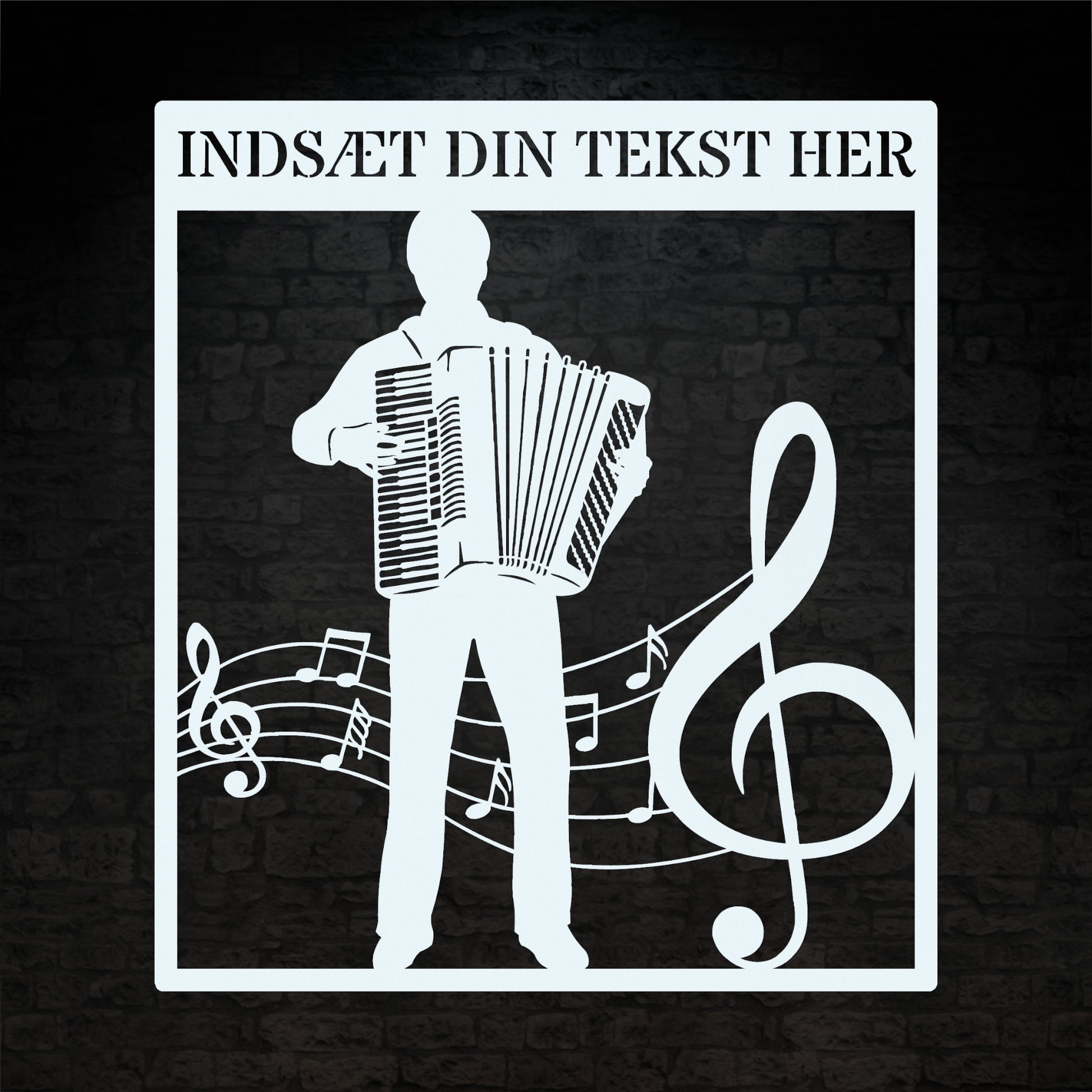 Firkantet harmonika metal vægskilt i hvid med personlig tekst. Unik musiker gaveidé