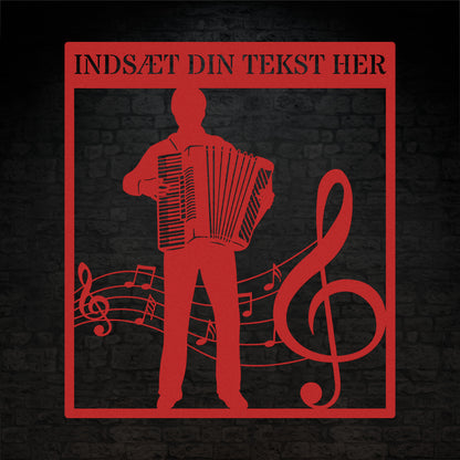 Firkantet harmonika metal vægskilt i rød med personlig tekst. Unik musiker gaveidé