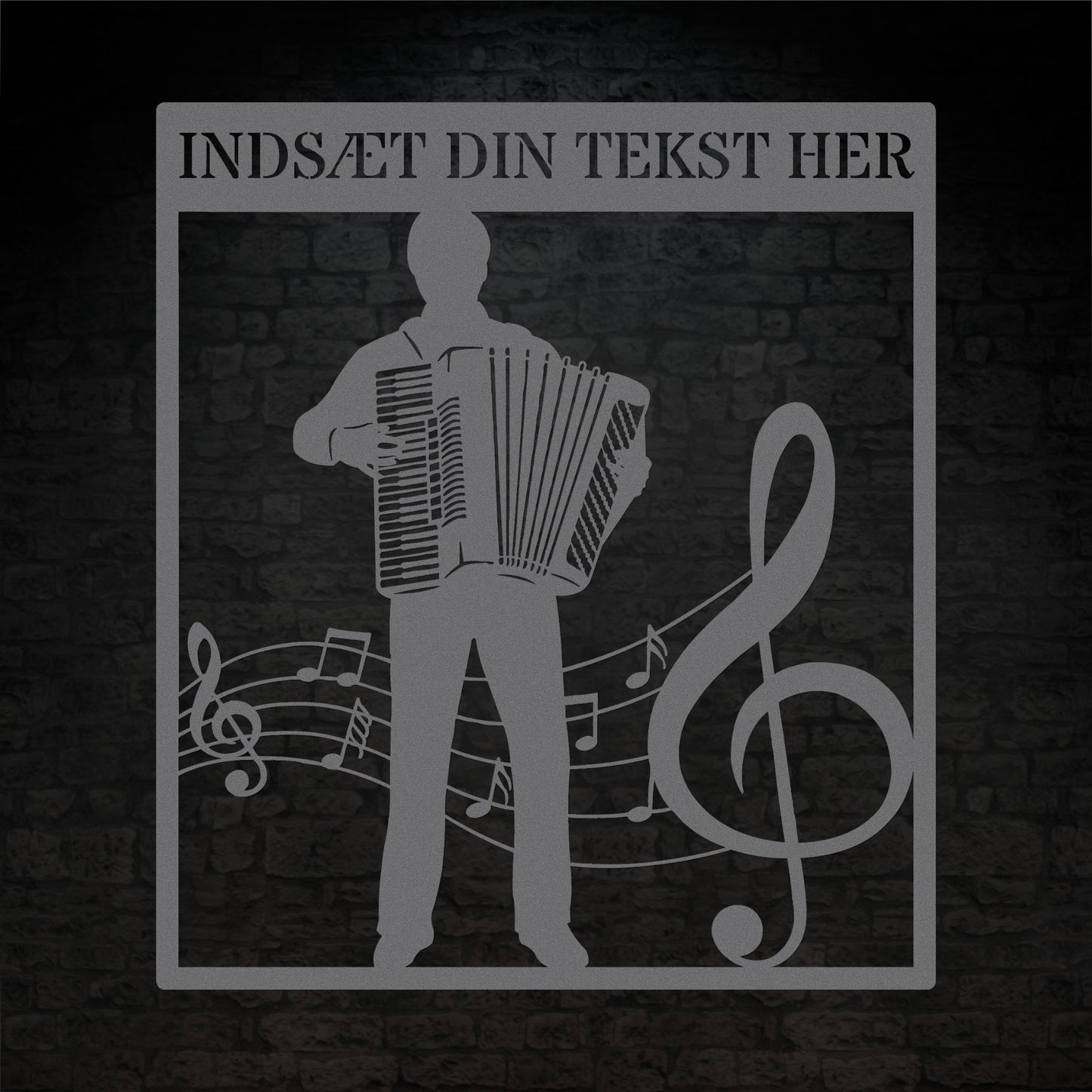 Firkantet harmonika metal vægskilt i sølv med personlig tekst. Unik musiker gaveidé