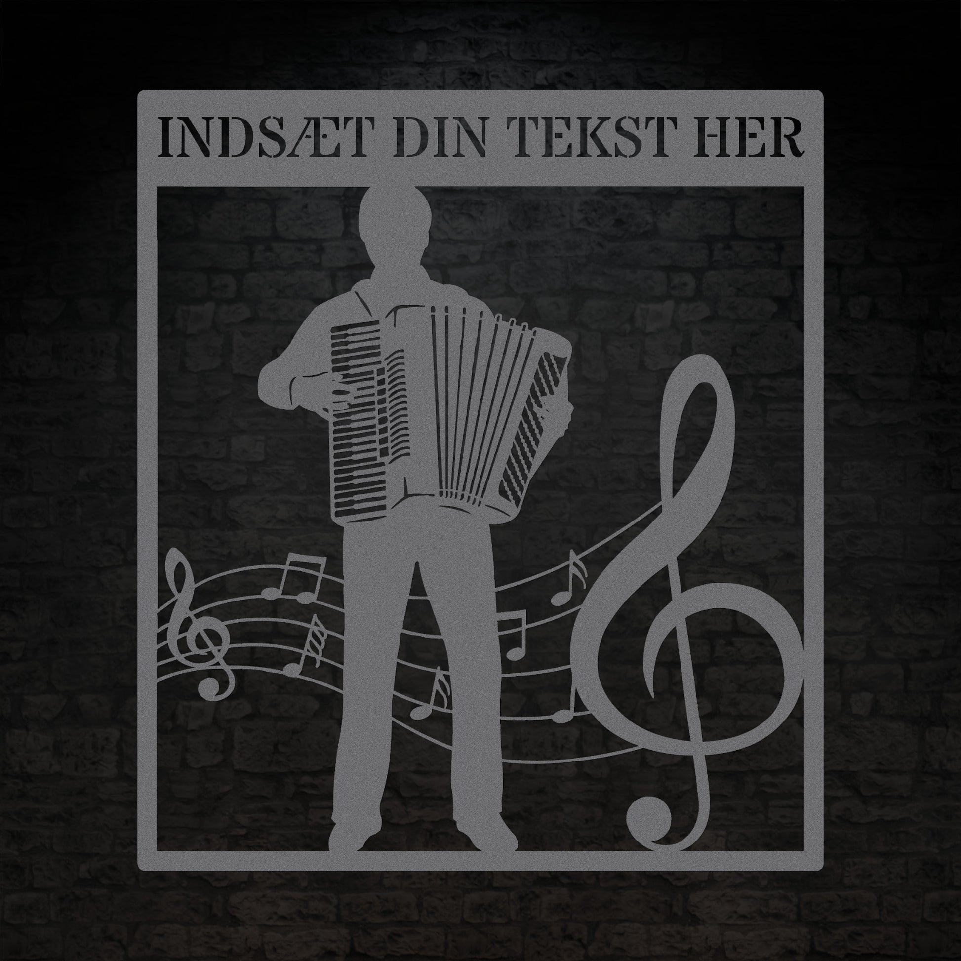 Firkantet harmonika metal vægskilt i sølv med personlig tekst. Unik musiker gaveidé