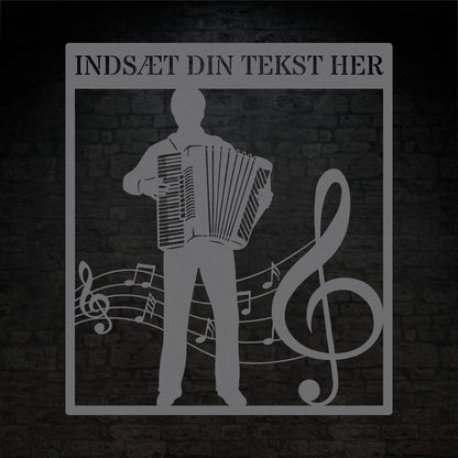 Firkantet harmonika metal vægskilt i sølv med personlig tekst. Unik musiker gaveidé