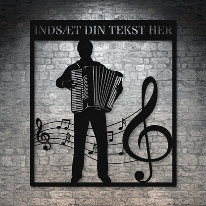 Firkantet harmonika metal vægskilt i sort med personlig tekst. Unik musiker gaveidé