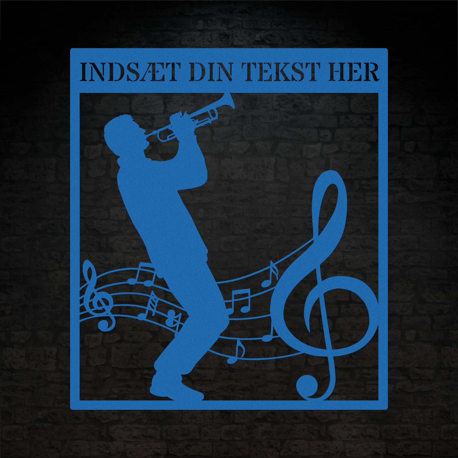 Firkantet trompetist metal vægskilt i blå med personlig tekst. Unik musiker gaveidé