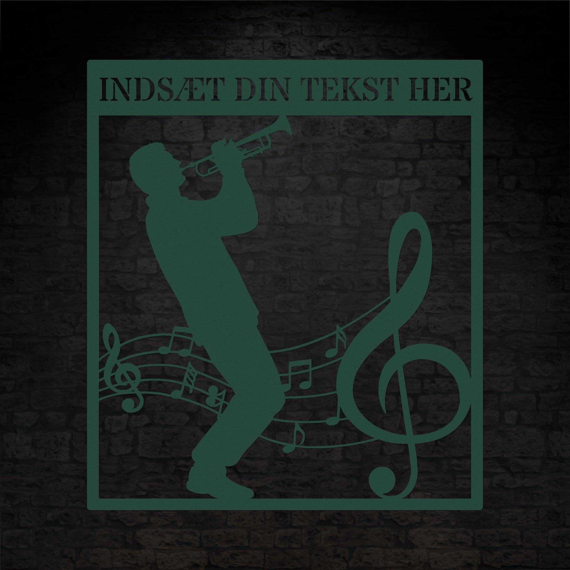 Firkantet trompetist metal vægskilt i grøn med personlig tekst. Unik musiker gaveidé