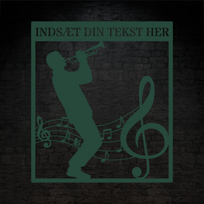 Firkantet trompetist metal vægskilt i grøn med personlig tekst. Unik musiker gaveidé