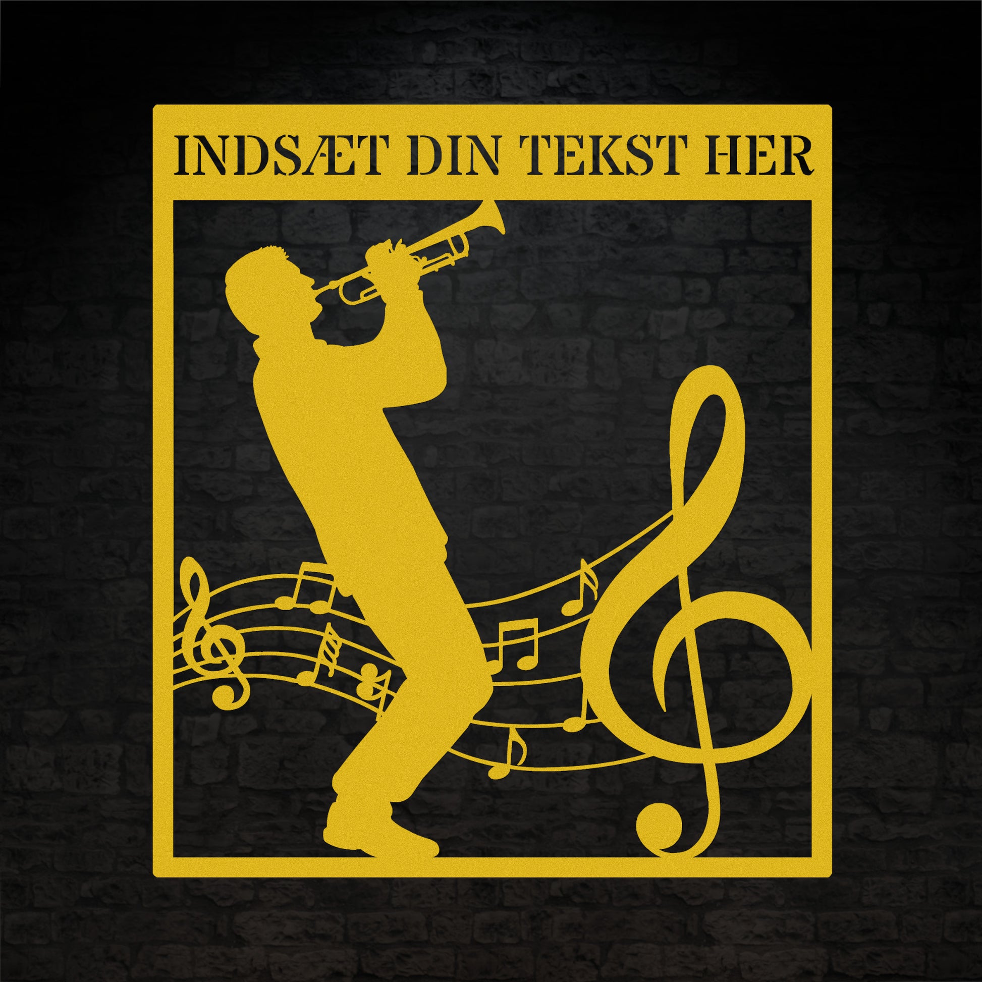 Firkantet trompetist metal vægskilt i gul med personlig tekst. Unik musiker gaveidé