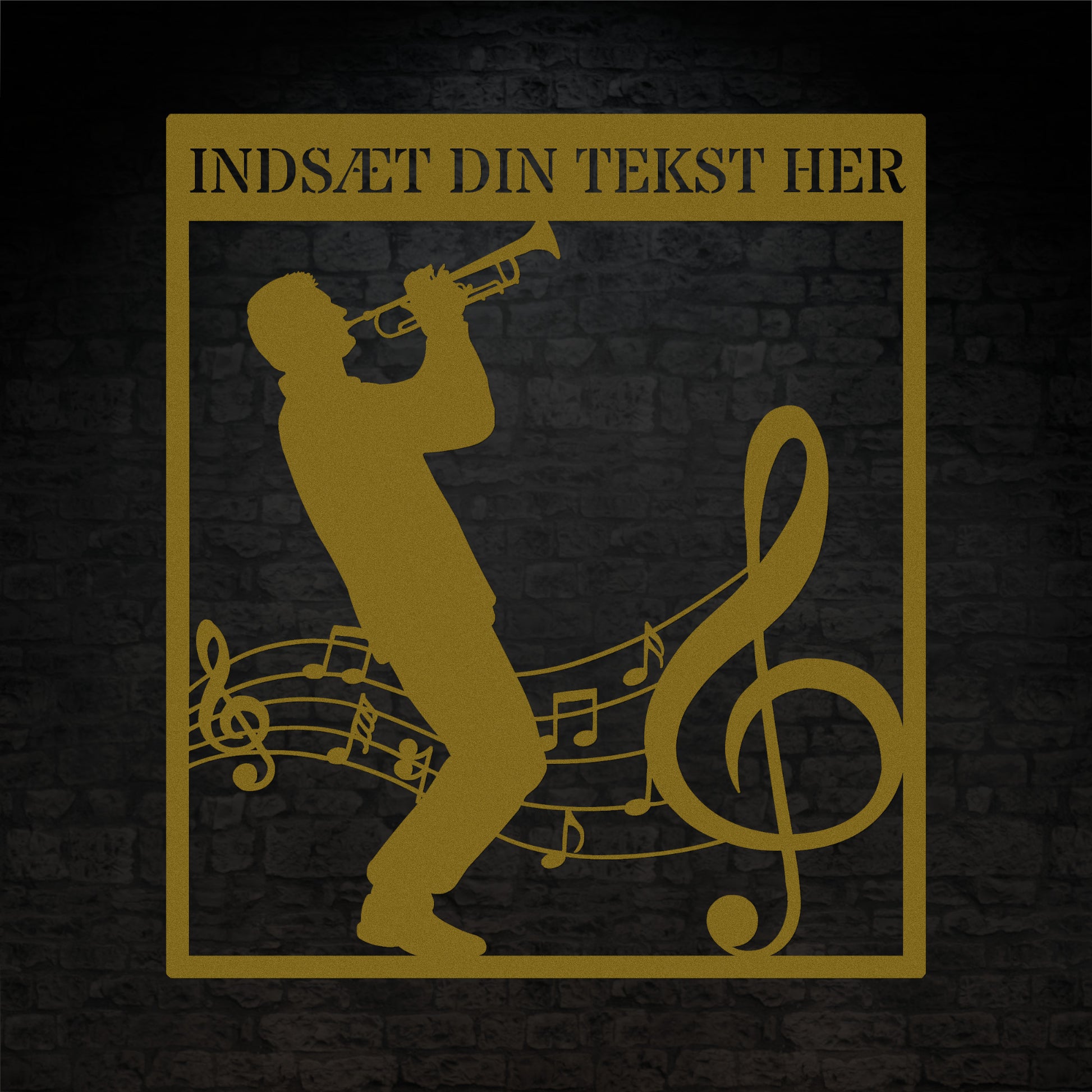 Firkantet trompetist metal vægskilt i guld med personlig tekst. Unik musiker gaveidé