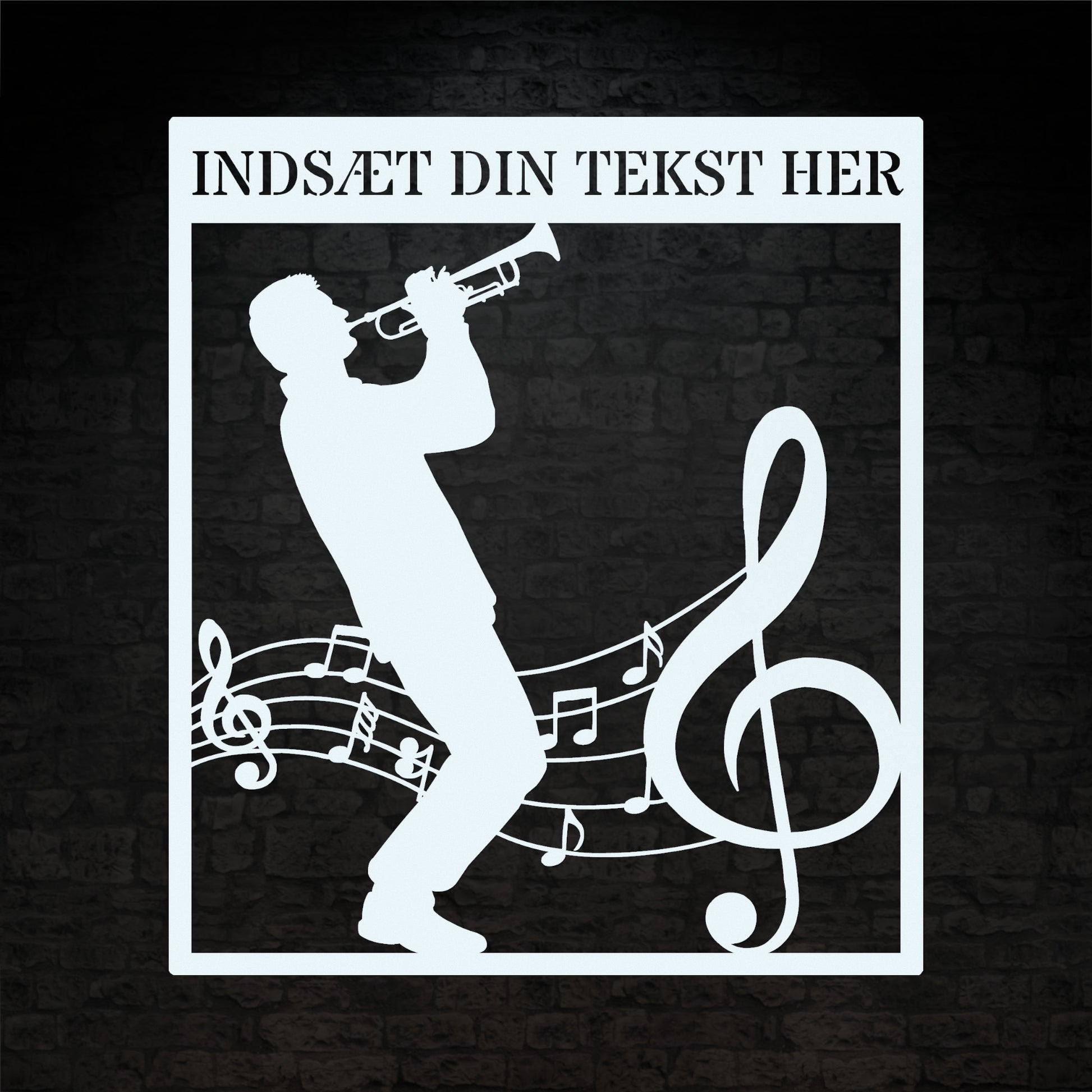 Firkantet trompetist metal vægskilt i hvid med personlig tekst. Unik musiker gaveidé