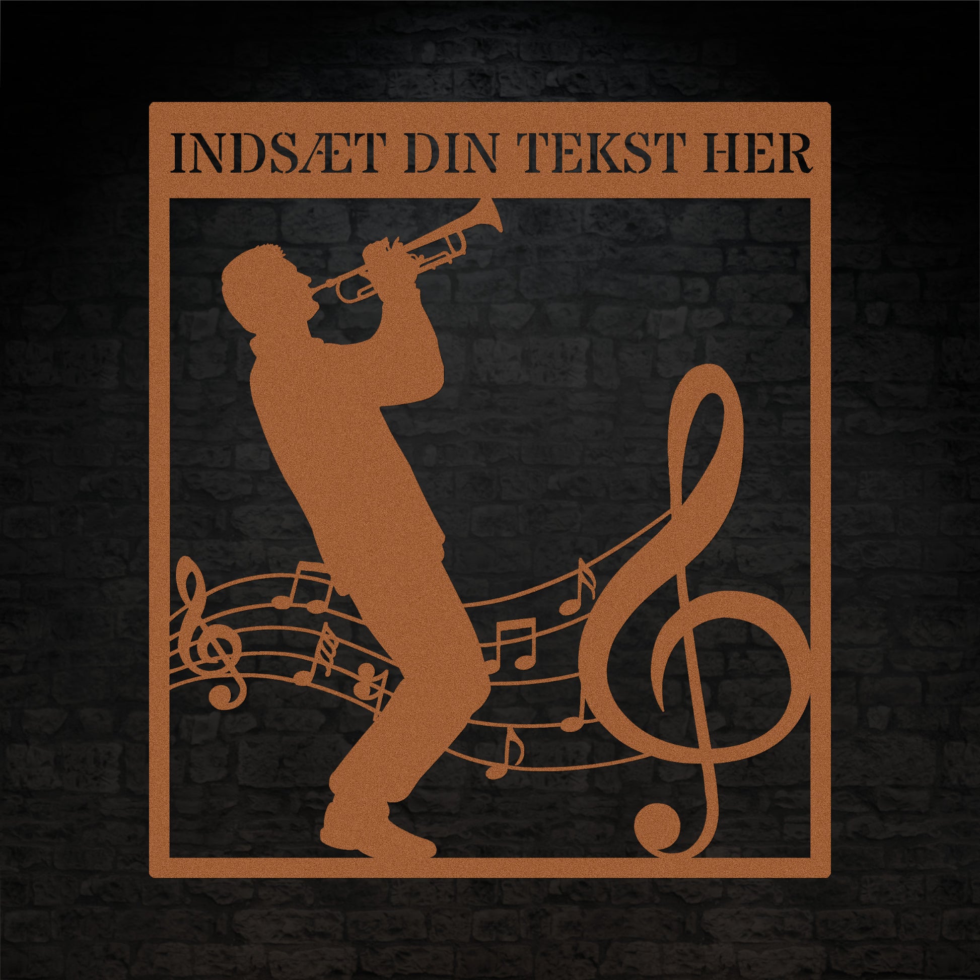 Firkantet trompetist metal vægskilt i kobber med personlig tekst. Unik musiker gaveidé