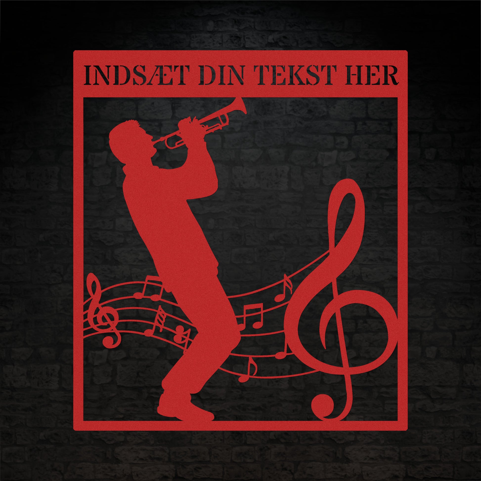 Firkantet trompetist metal vægskilt i rød med personlig tekst. Unik musiker gaveidé