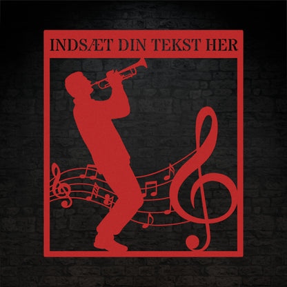 Firkantet trompetist metal vægskilt i rød med personlig tekst. Unik musiker gaveidé