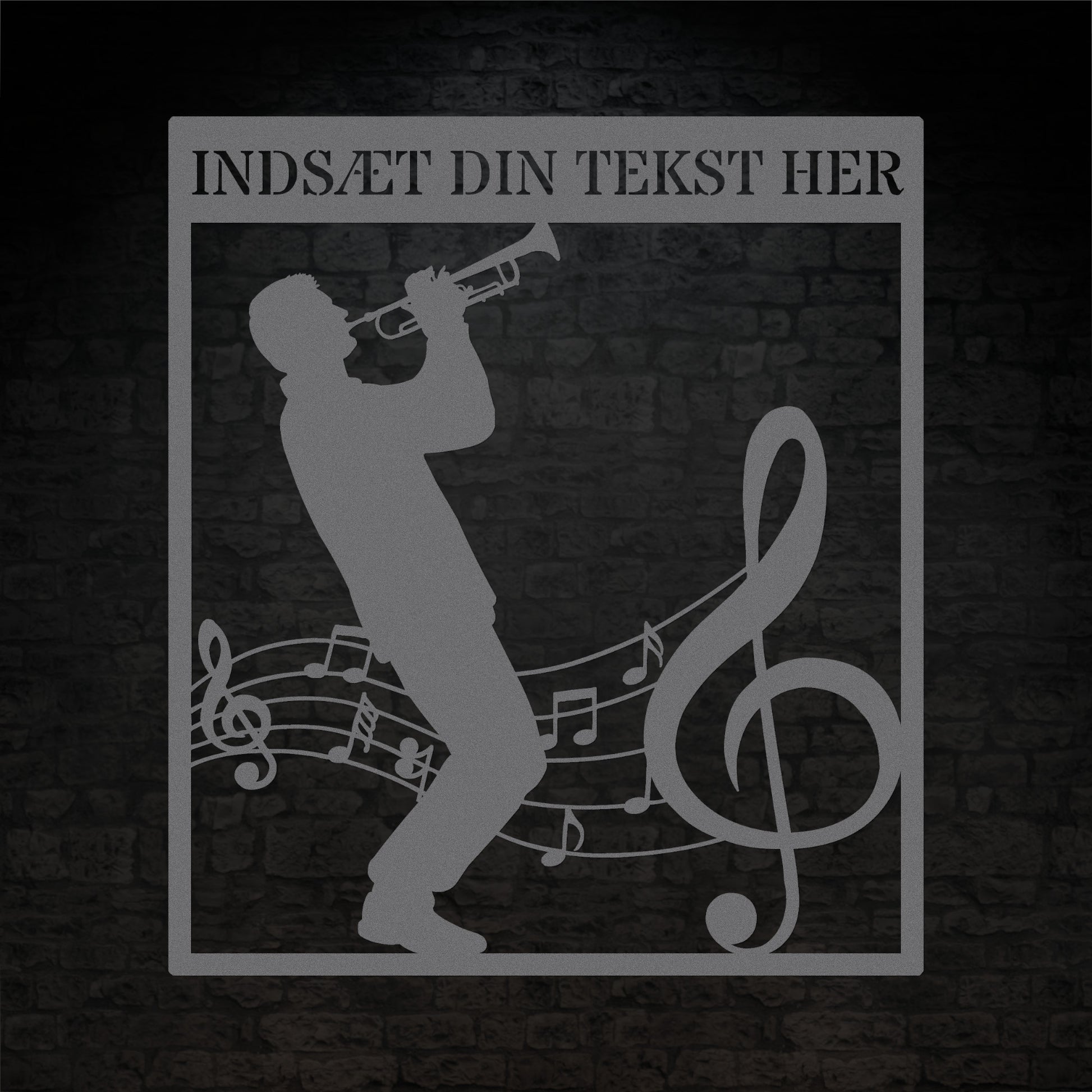 Firkantet trompetist metal vægskilt i sølv med personlig tekst. Unik musiker gaveidé