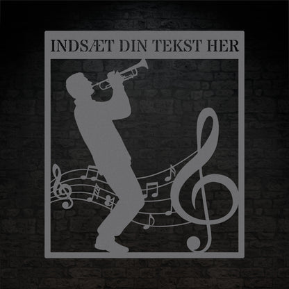 Firkantet trompetist metal vægskilt i sølv med personlig tekst. Unik musiker gaveidé