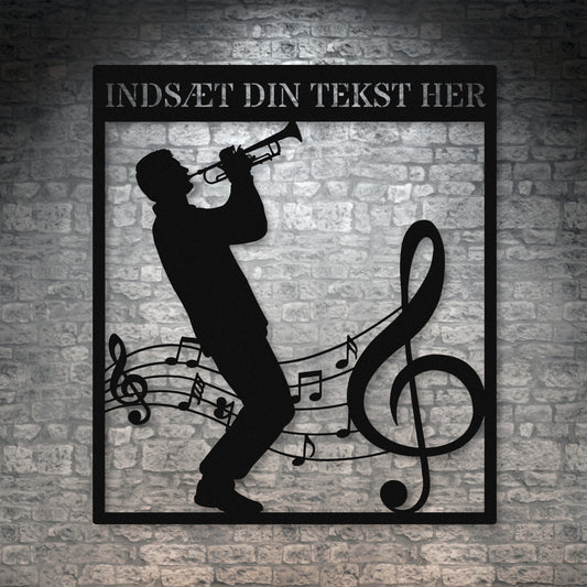 Firkantet trompetist metal vægskilt i sort med personlig tekst. Unik musiker gaveidé