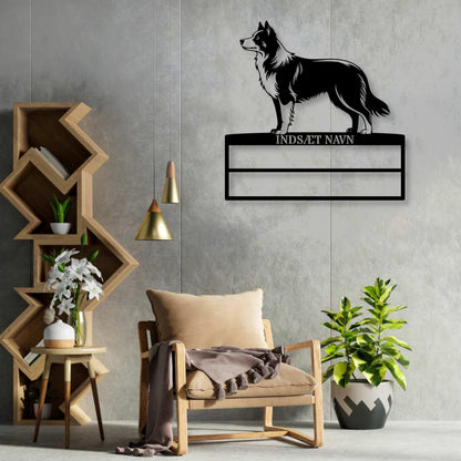 Flot Border Collie væg metalskilt med personlig tekst til rosetter. Unik Gaveide til hundeejer.