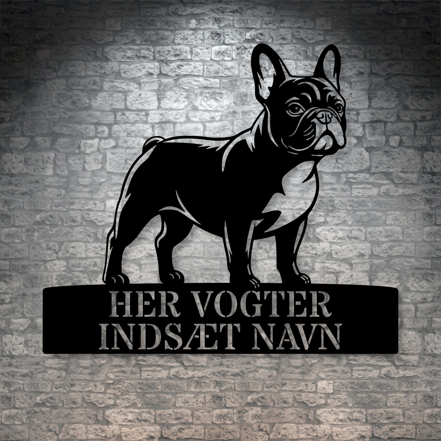 Fransk Bulldog her vogter jeg metalskilt med personlig navn. Unik hundeejer gaveide