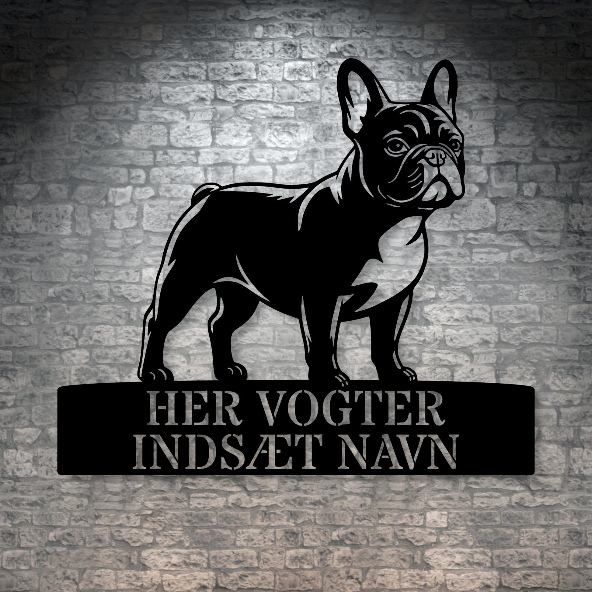 Fransk Bulldog her vogter jeg metalskilt med personlig navn. Unik hundeejer gaveide