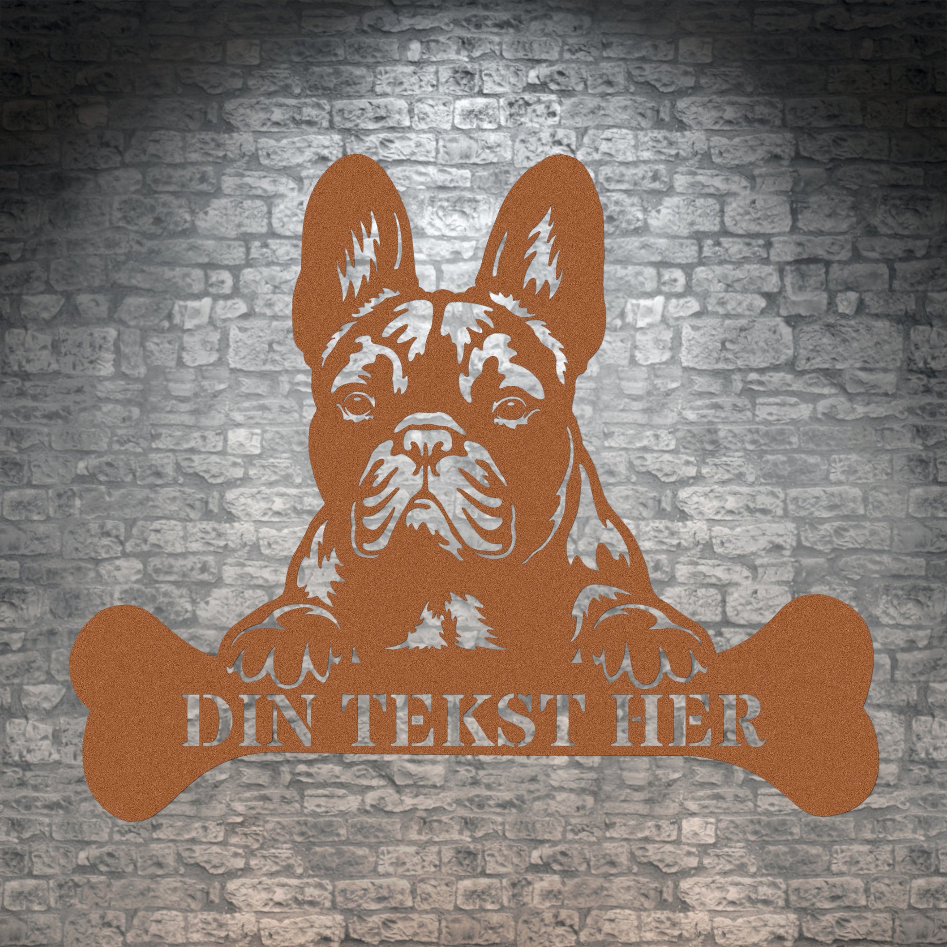 Fransk Bulldog hunde metalskilt i brun med personlig tekst. Unik hundeejer gaveidé