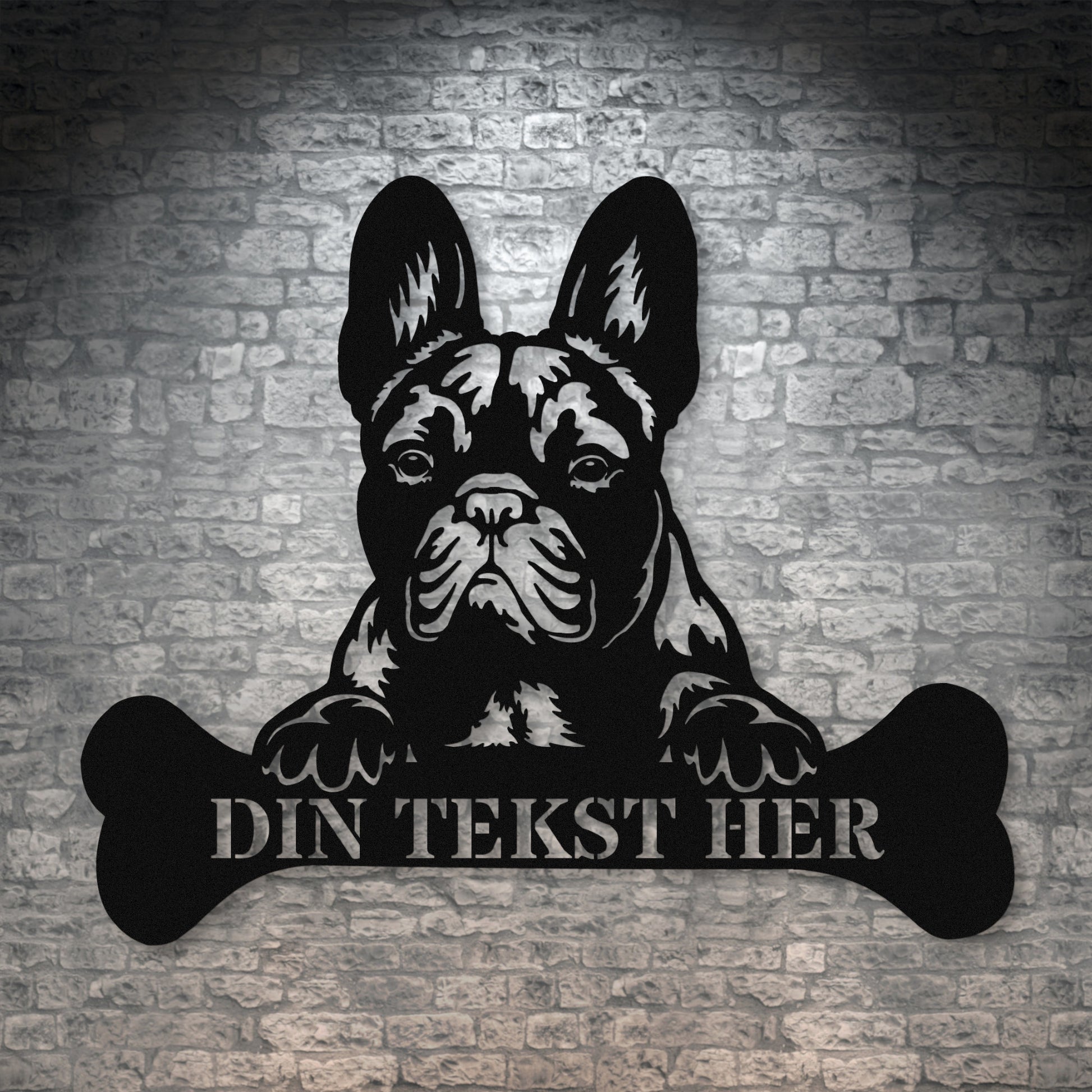 Fransk Bulldog hunde metalskilt i sort med personlig tekst. Unik hundeejer gaveidé