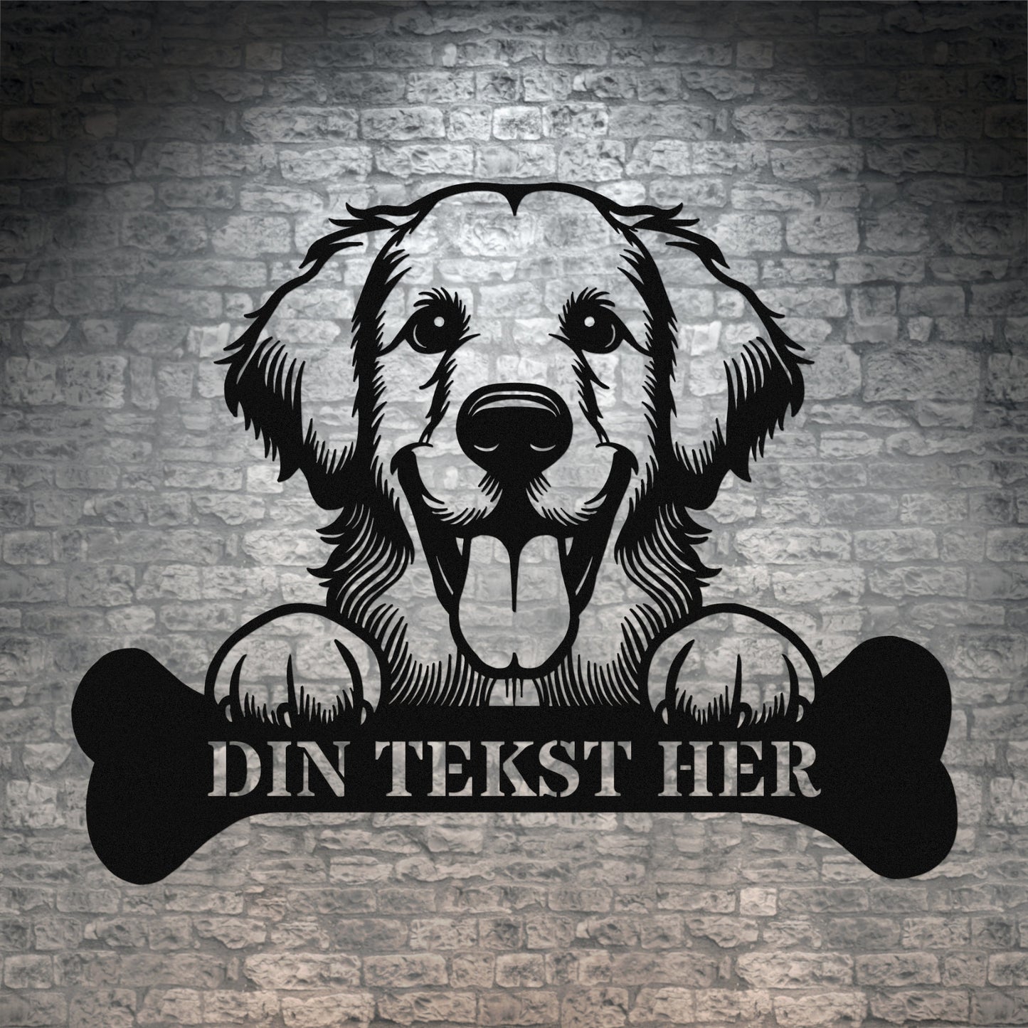 Golden Retriever metalskilt i sort med personlig tekst. Hundeejer navneskilt gaveidé