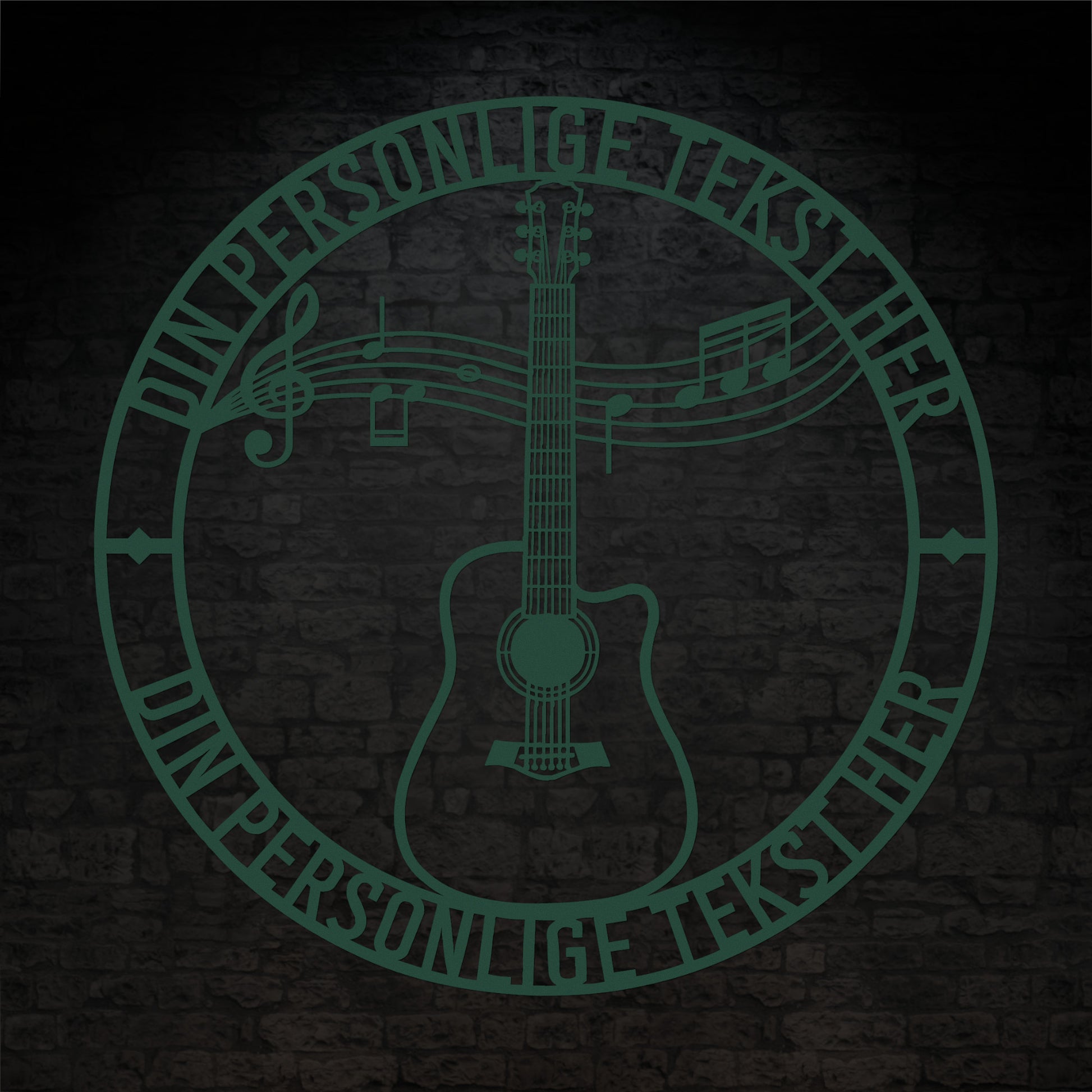 Grøn guitar metalskilt med personlig tekst. Musiker navneskilt gaveidé