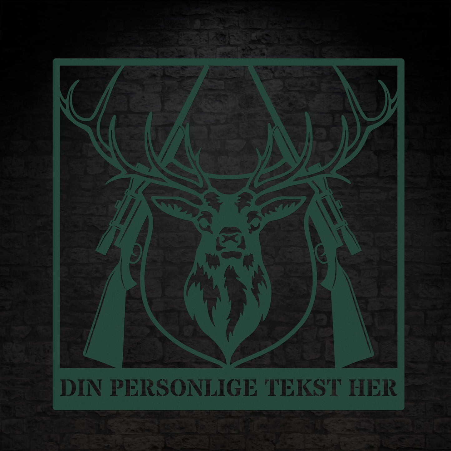 Grøn metalskilt med navn og personlig tekst til jægeren. Fås i flere farver og størrelser