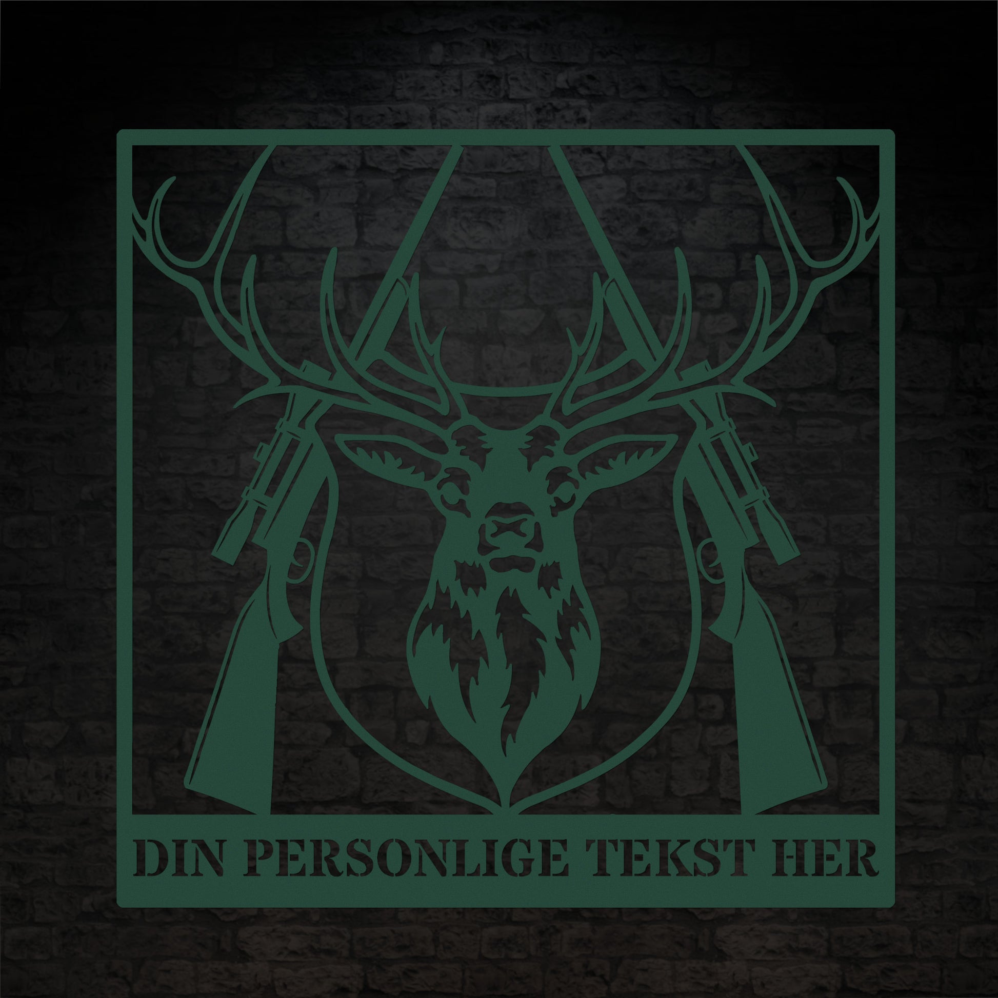 Grøn metalskilt med navn og personlig tekst til jægeren. Fås i flere farver og størrelser