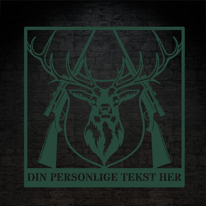 Grøn metalskilt med navn og personlig tekst til jægeren. Fås i flere farver og størrelser