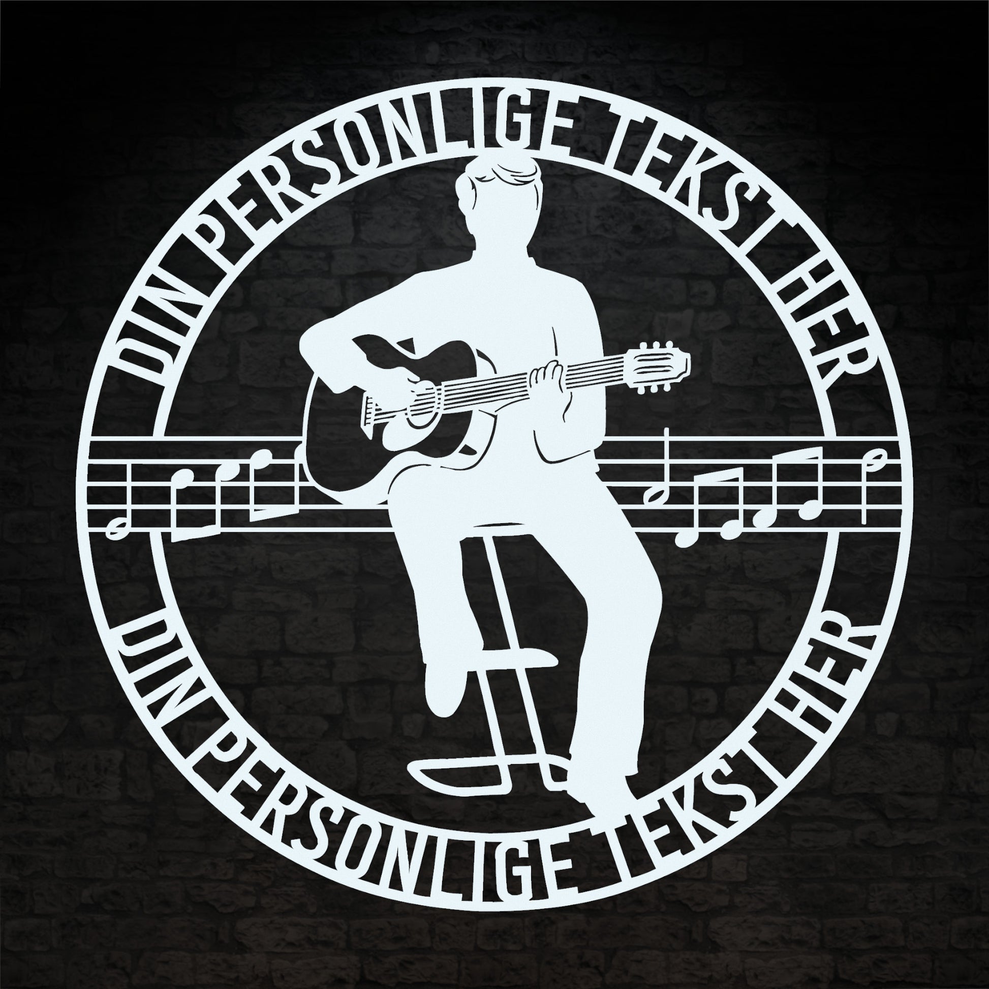 Guitarist metalskilt i hvid med personlig tekst. Unik musiker navneskilt gaveidé