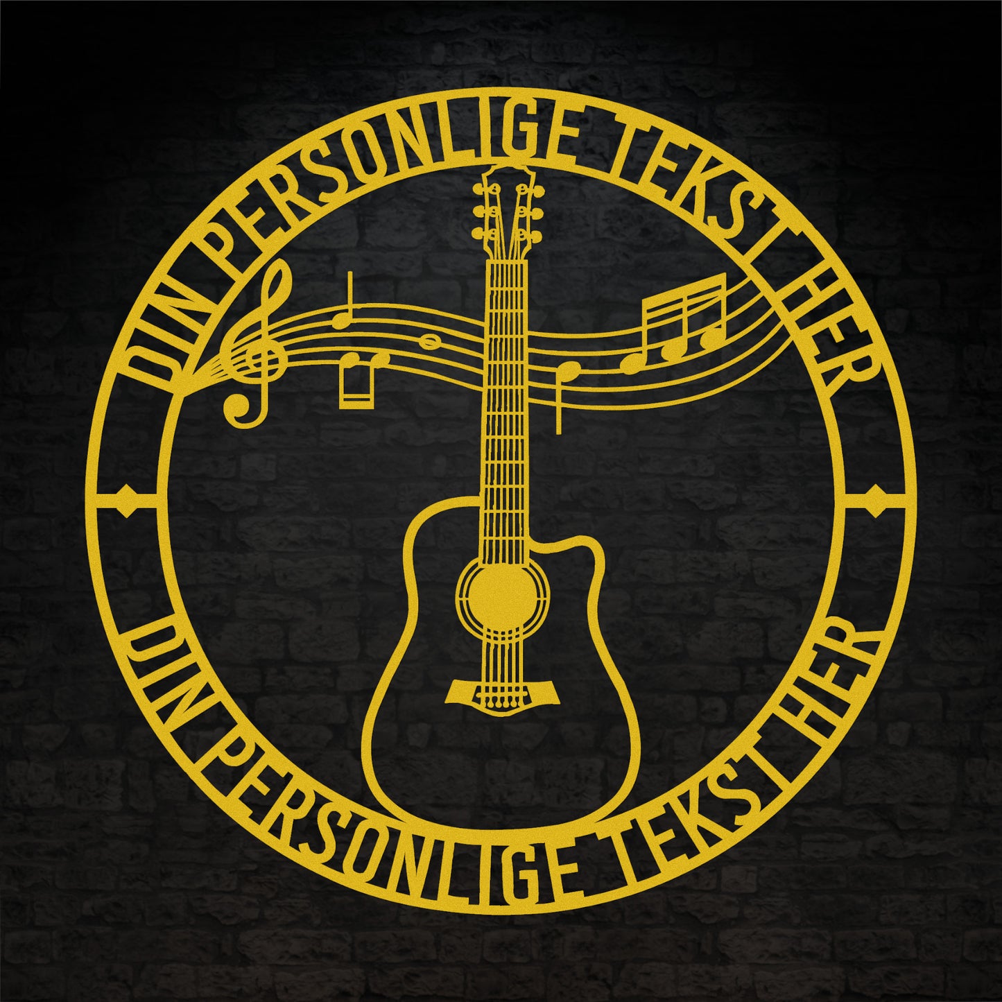 Gul guitar metalskilt med personlig tekst. Musiker navneskilt gaveidé