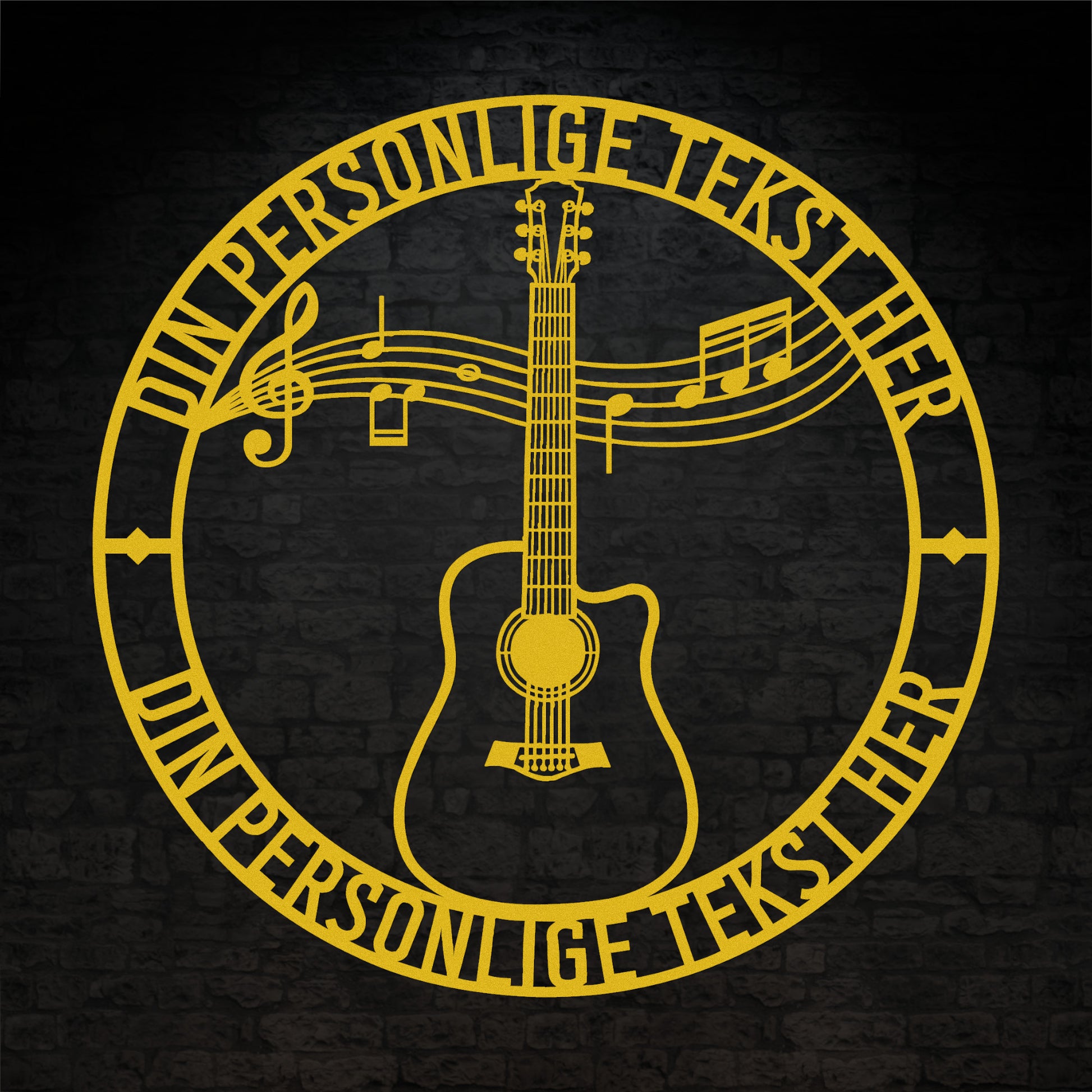 Gul guitar metalskilt med personlig tekst. Musiker navneskilt gaveidé