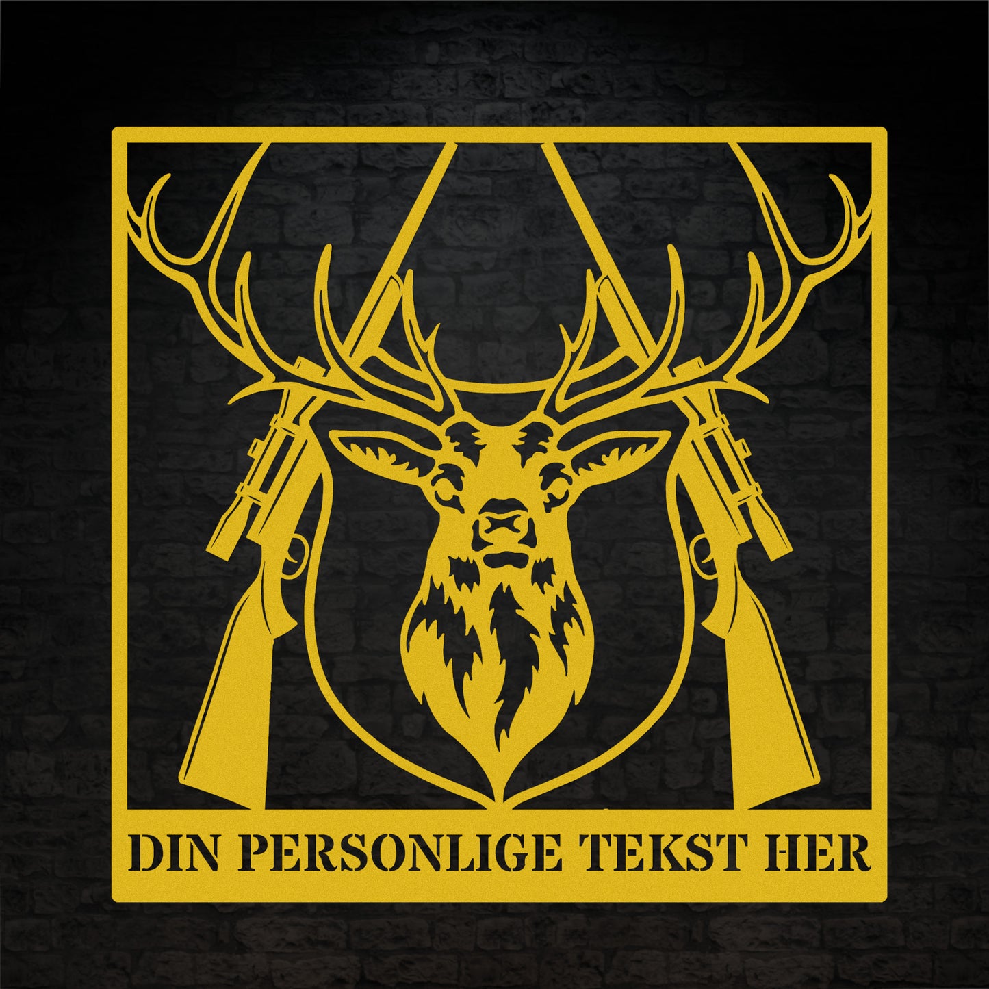 Gul metalskilt med navn og personlig tekst til jægeren. Fås i flere farver og størrelser