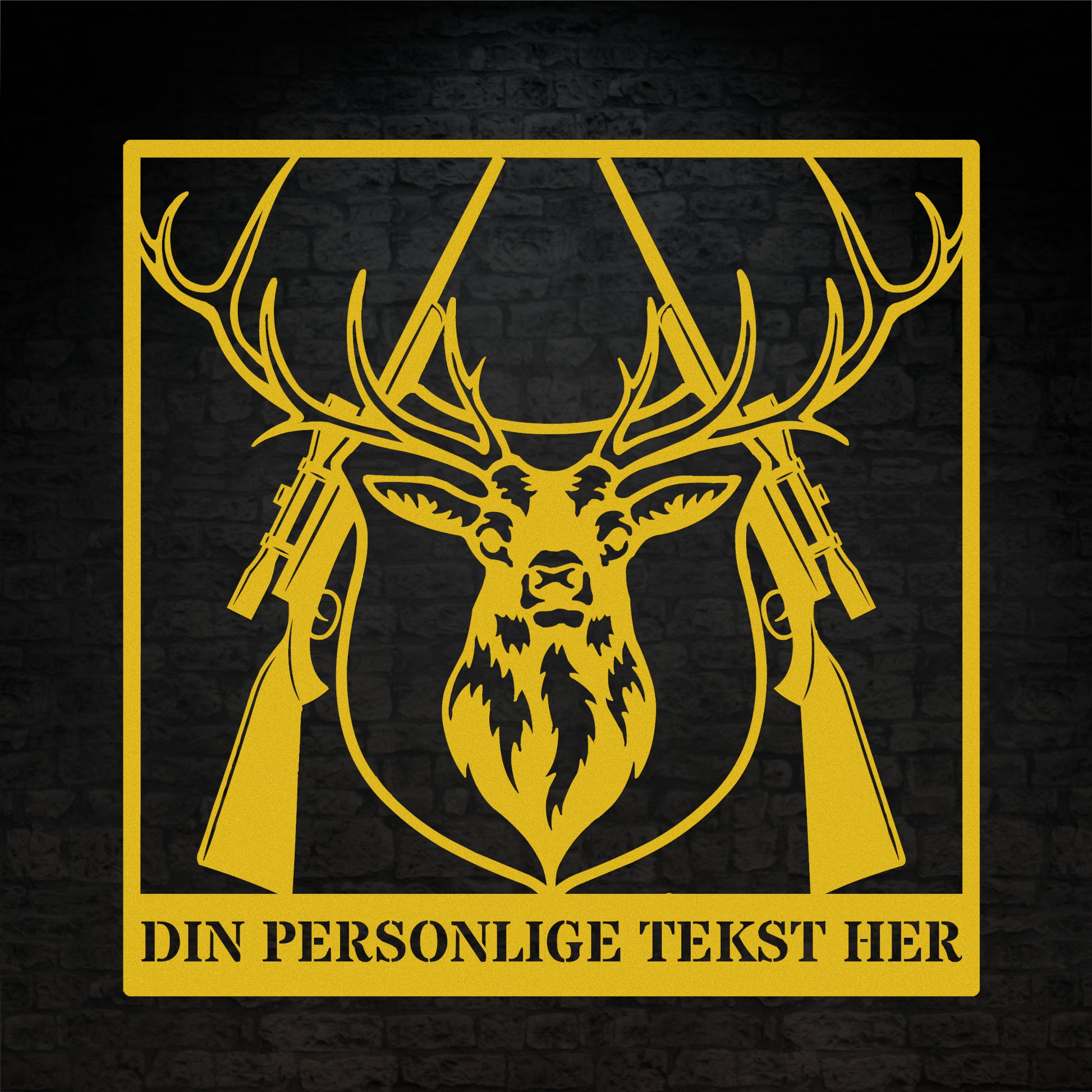 Gul metalskilt med navn og personlig tekst til jægeren. Fås i flere farver og størrelser