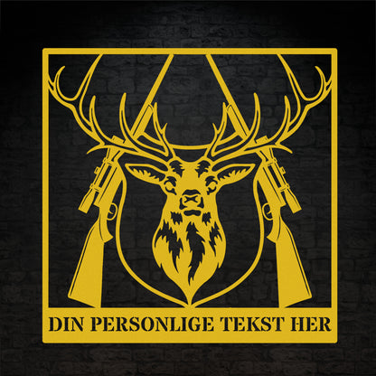 Gul metalskilt med navn og personlig tekst til jægeren. Fås i flere farver og størrelser