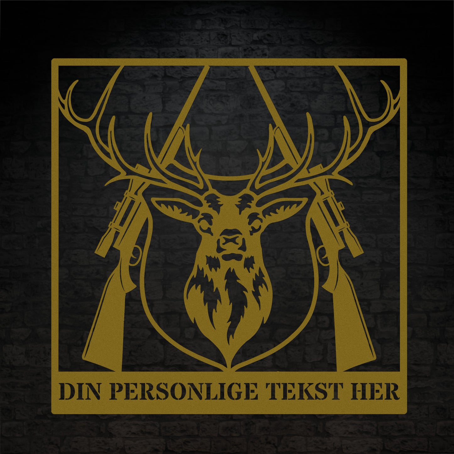 Guldfarvet metalskilt med navn og personlig tekst til jægeren. Fås i flere farver og størrelser