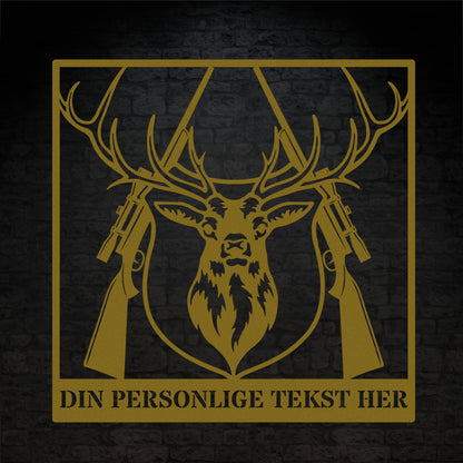 Guldfarvet metalskilt med navn og personlig tekst til jægeren. Fås i flere farver og størrelser