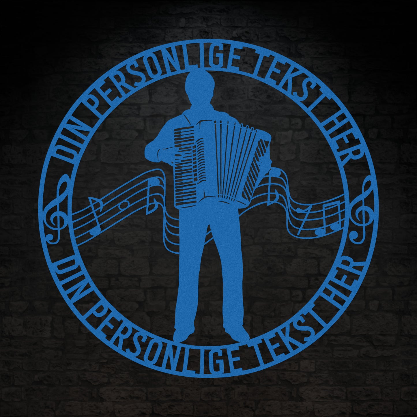 Harmonika metal vægskilt i blå med personlig tekst. Unik musiker gaveidé