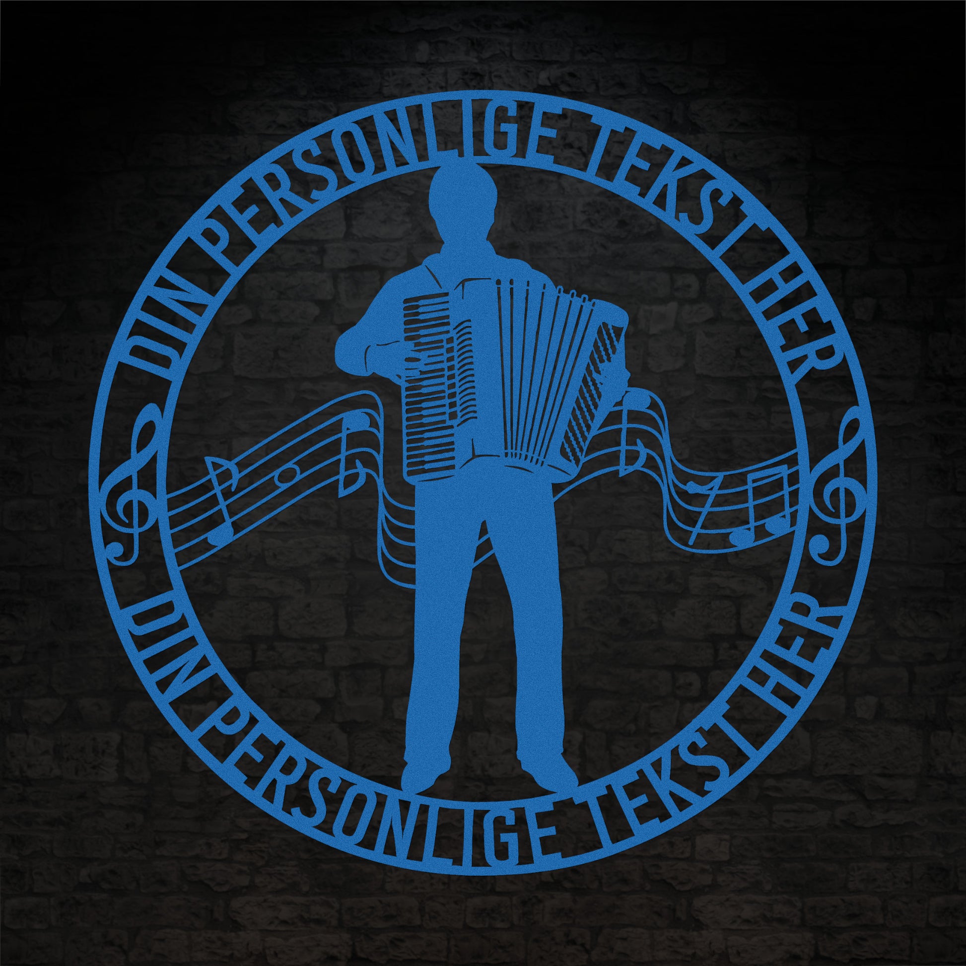 Harmonika metal vægskilt i blå med personlig tekst. Unik musiker gaveidé