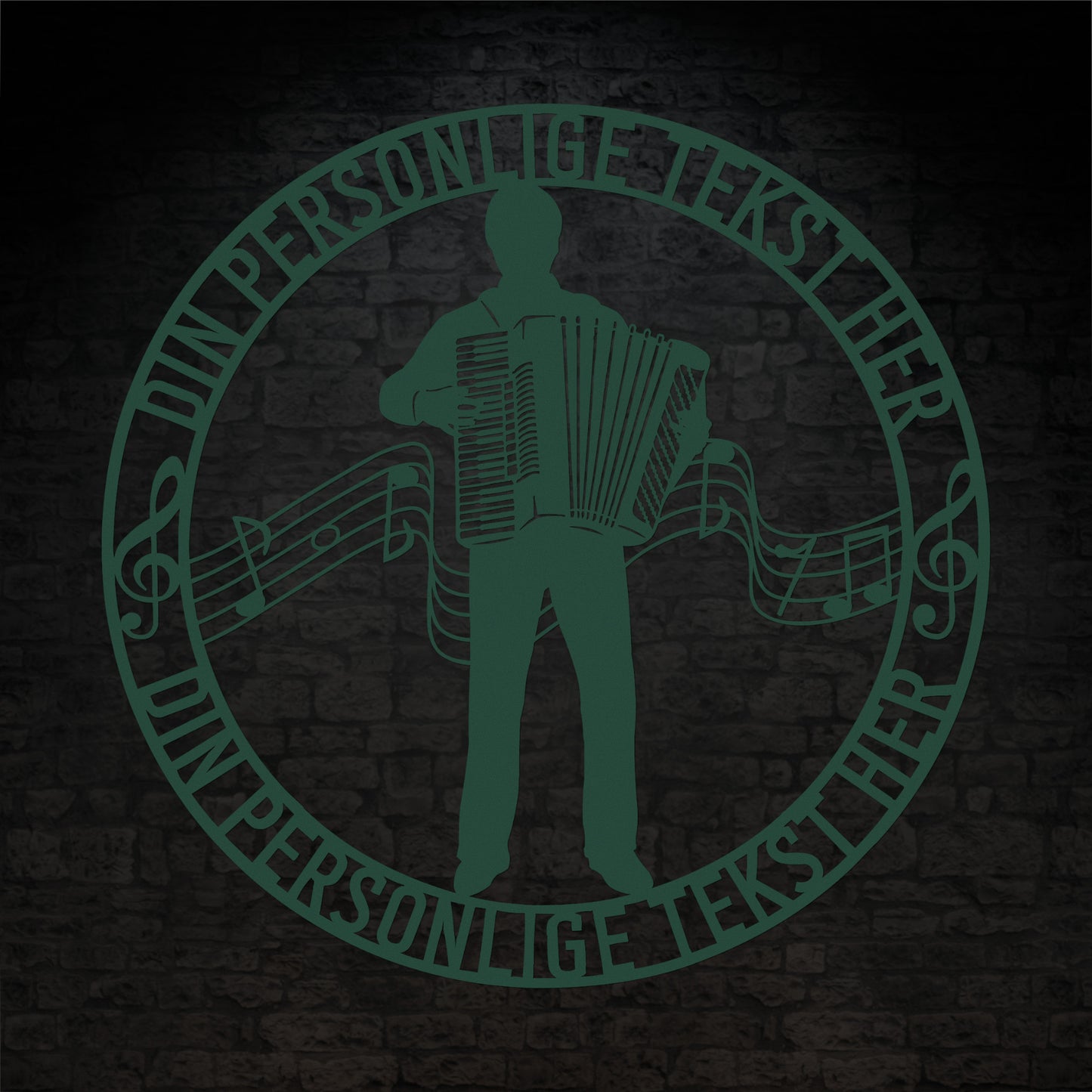 Harmonika metal vægskilt i grøn med personlig tekst. Unik musiker gaveidé