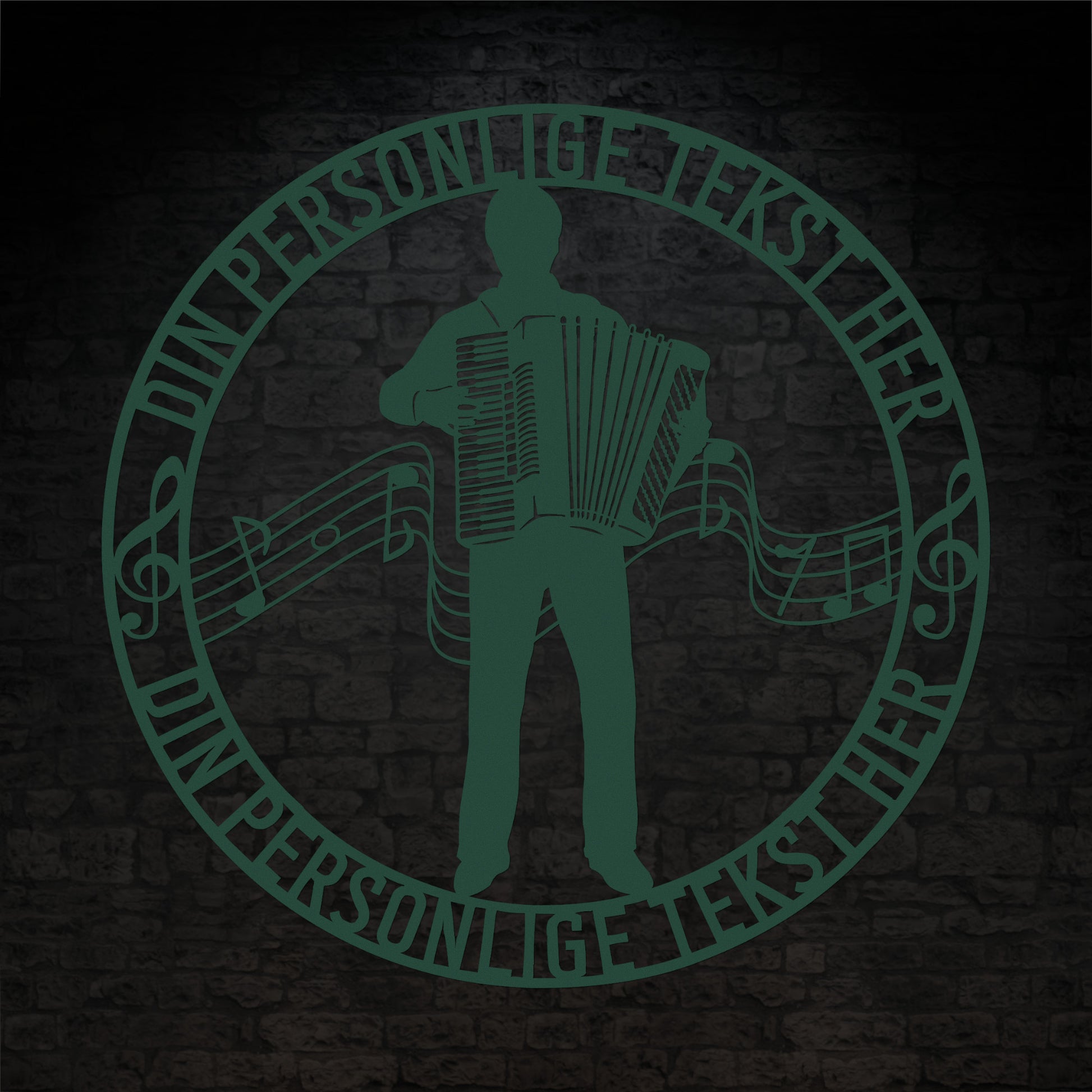 Harmonika metal vægskilt i grøn med personlig tekst. Unik musiker gaveidé