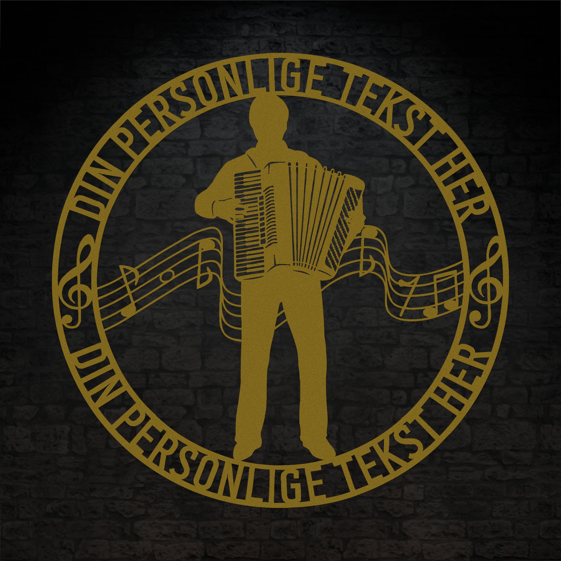 Harmonika metal vægskilt i guld med personlig tekst. Unik musiker gaveidé