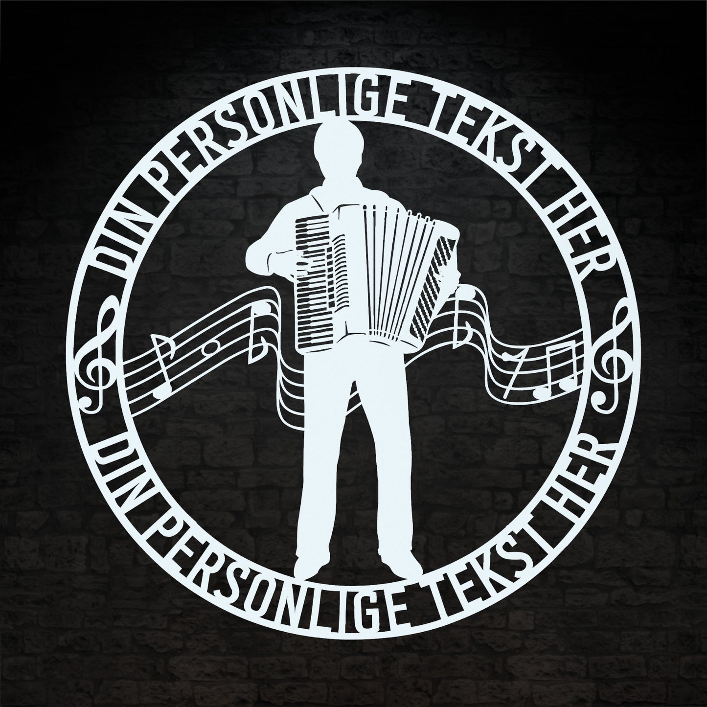 Harmonika metal vægskilt i hvid med personlig tekst. Unik musiker gaveidé