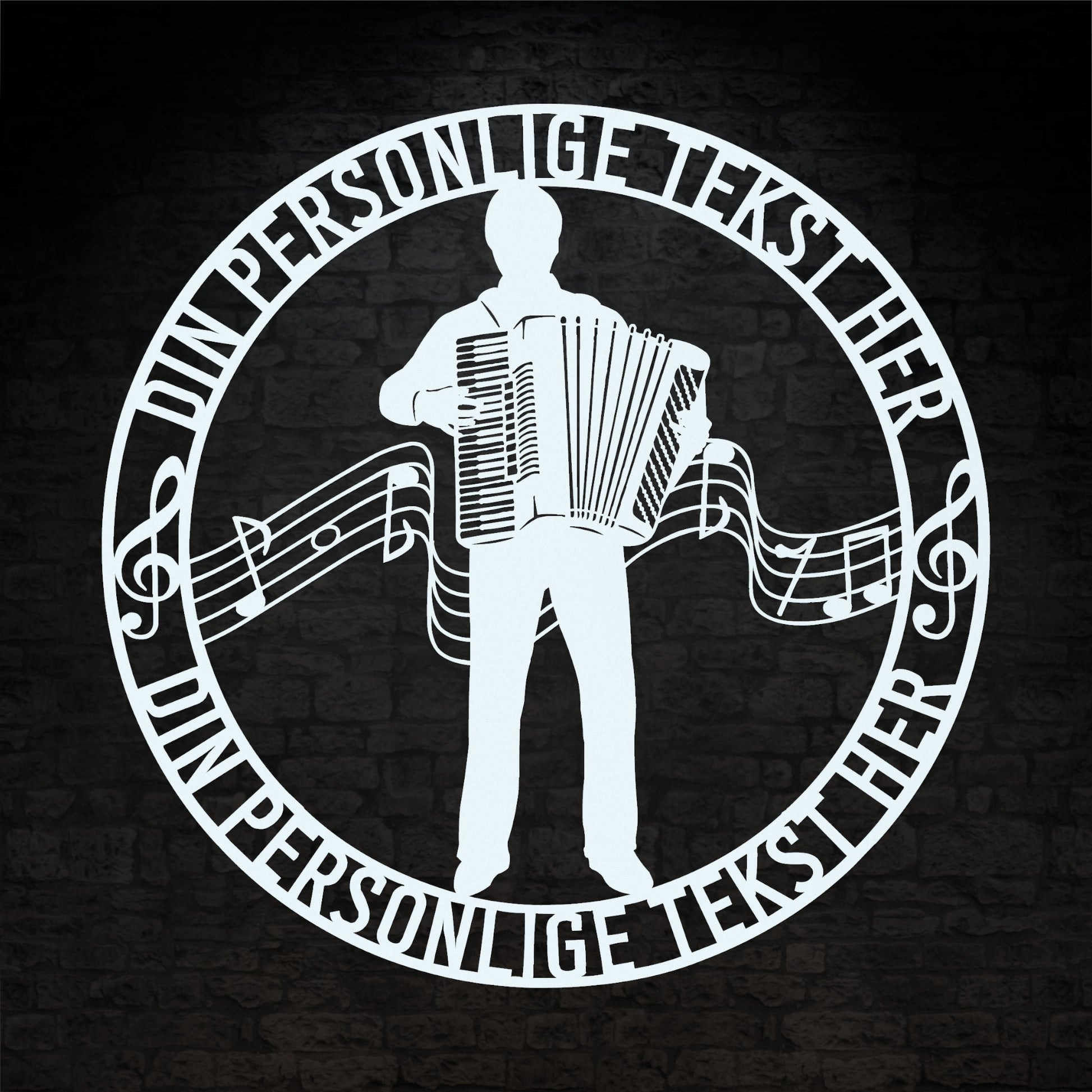 Harmonika metal vægskilt i hvid med personlig tekst. Unik musiker gaveidé