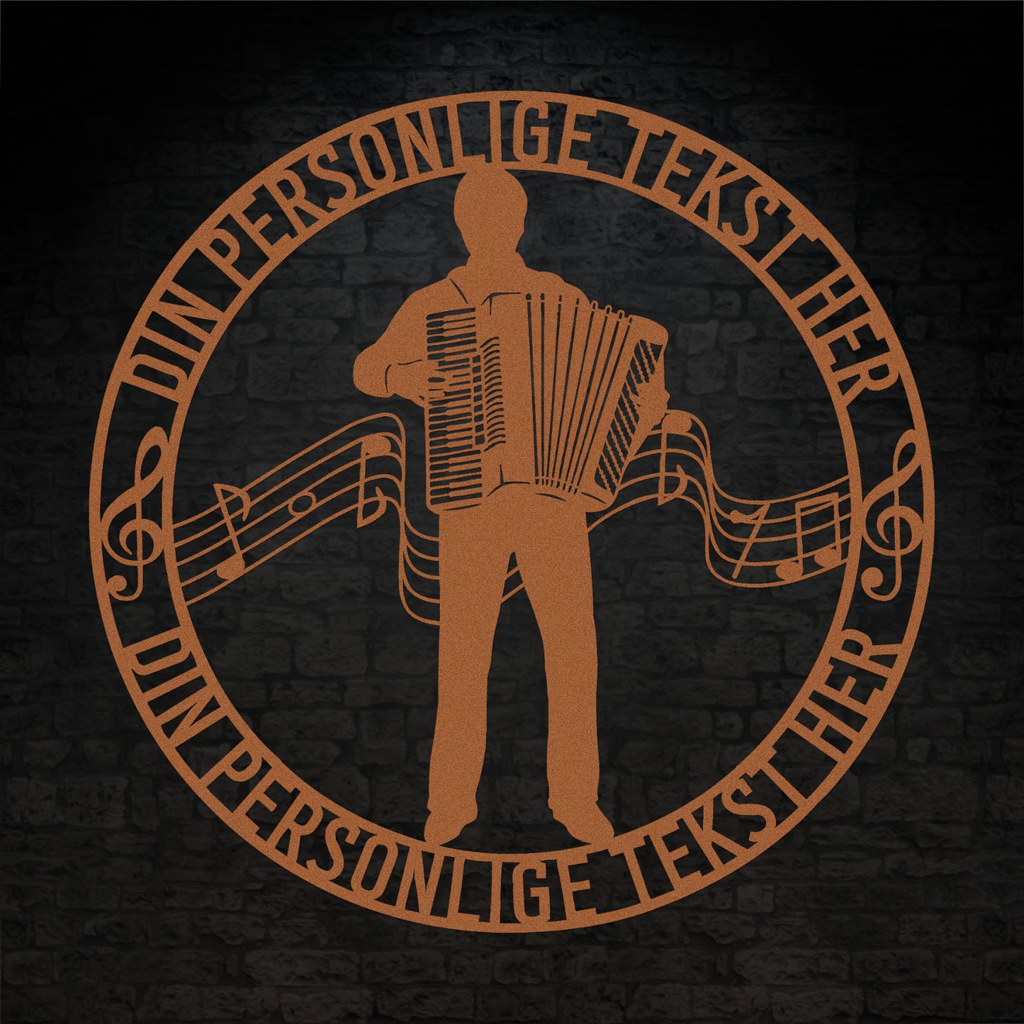 Harmonika metal vægskilt i kobber med personlig tekst. Unik musiker gaveidé