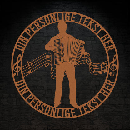 Harmonika metal vægskilt i kobber med personlig tekst. Unik musiker gaveidé