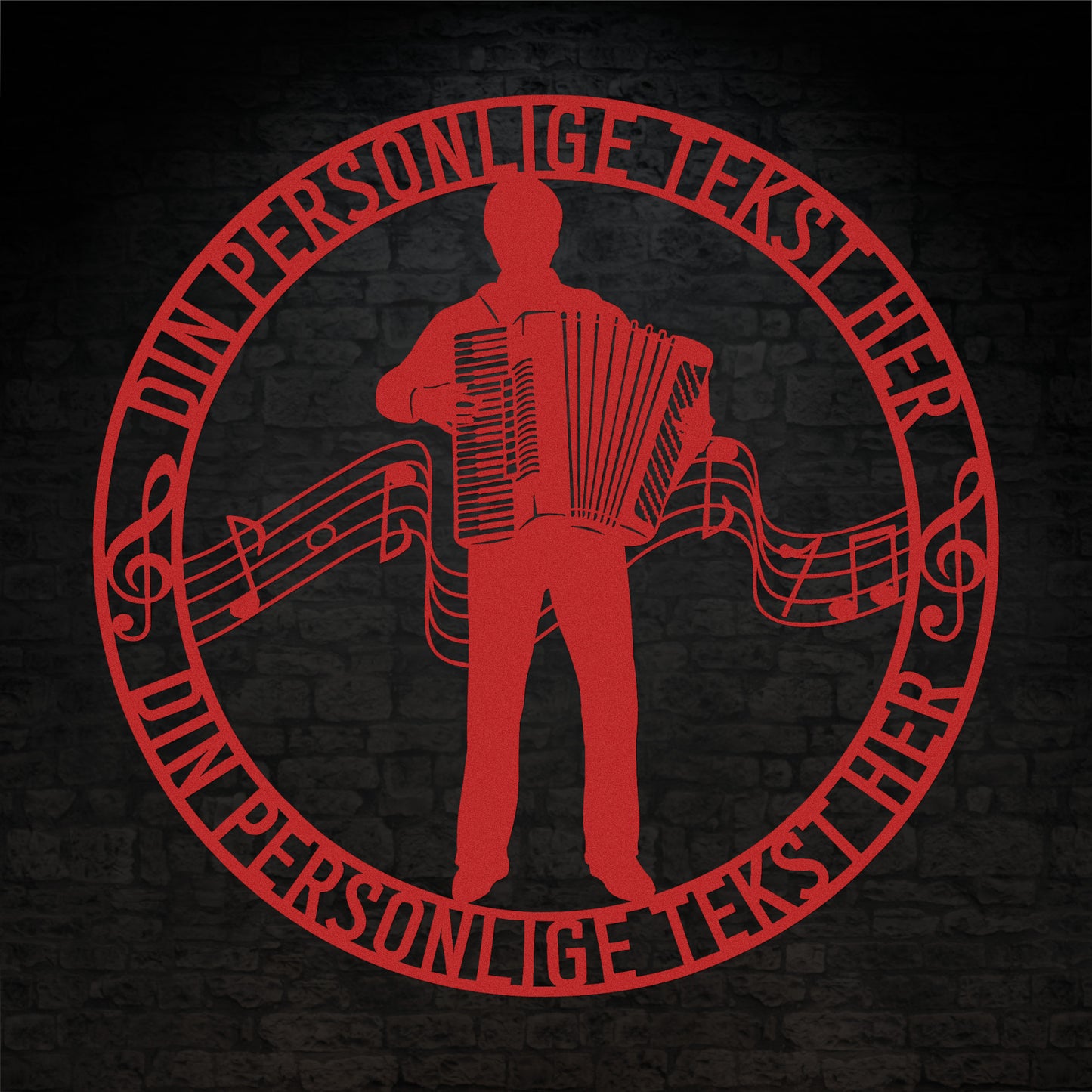 Harmonika metal vægskilt i rød med personlig tekst. Unik musiker gaveidé